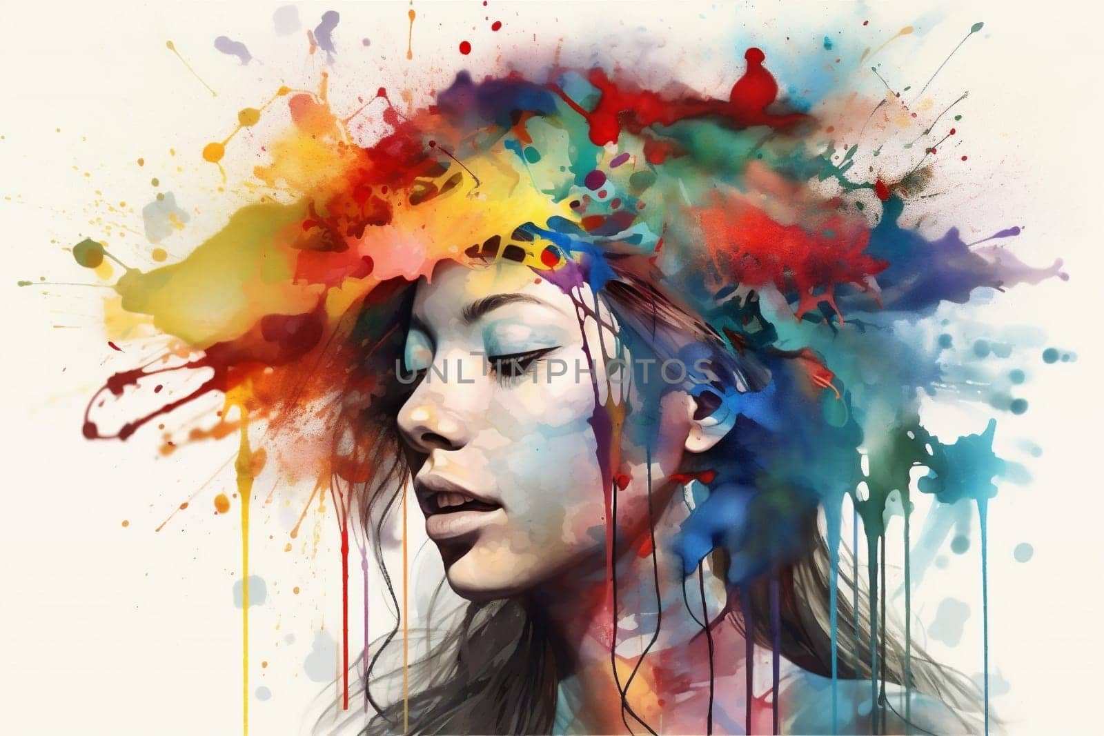 illustration woman face paint lip portrait colourful style watercolor beauty art. Generative AI. by Vichizh