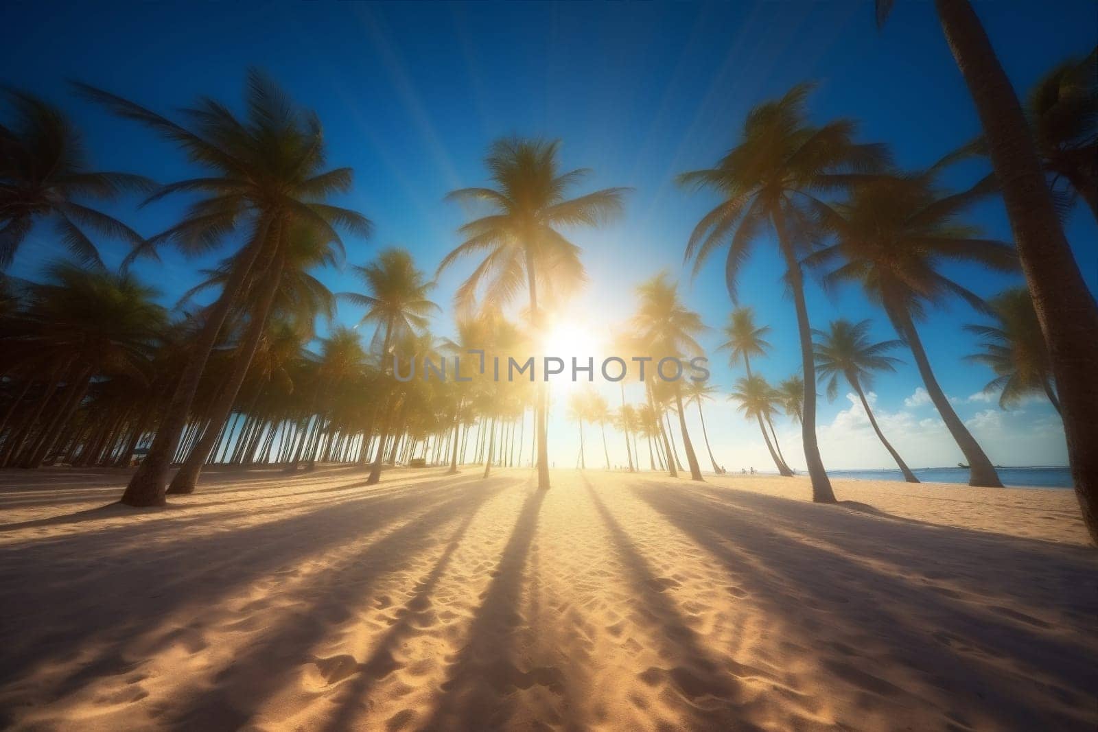palm landscape sea ocean sky sunrise sun island beach sunset. Generative AI. by Vichizh