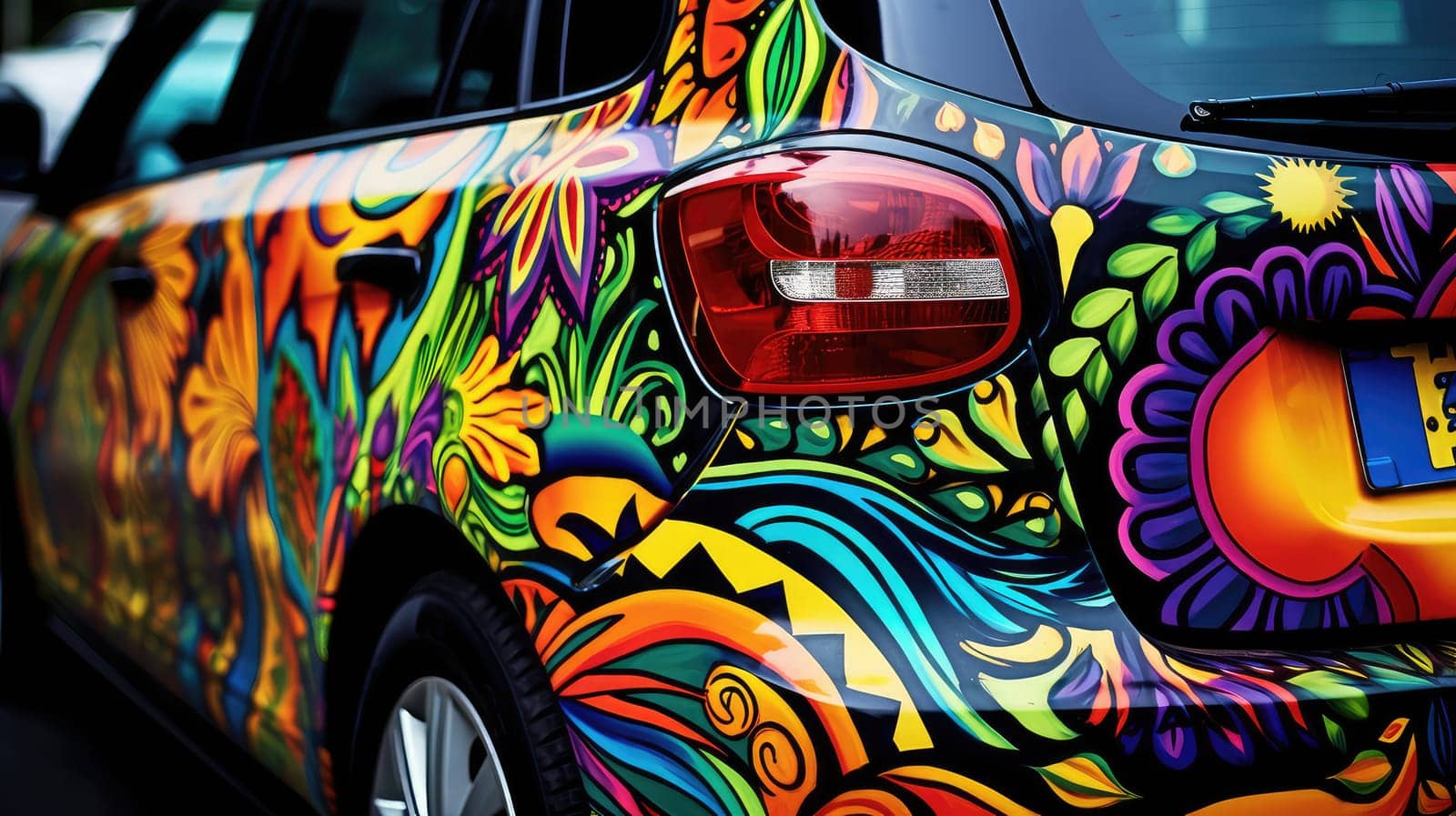 Car with a colorful decal photo realistic illustration - Generative AI. Car, back, decal, colorful, pattern.