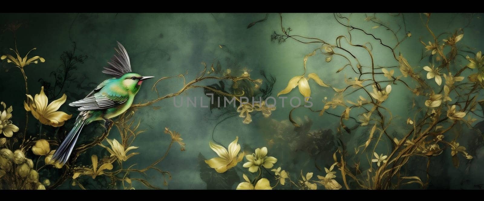 jungle nature wallpaper art bird leaf exotic palm tropical flower. Generative AI. by Vichizh