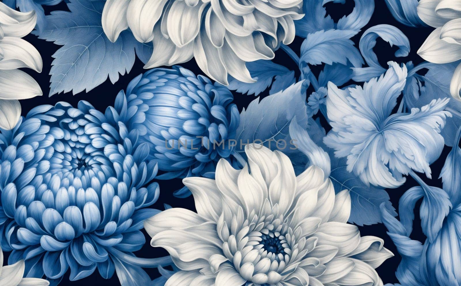 blue leaf flower design background retro pattern vintage seamless floral illustration. Generative AI. by Vichizh