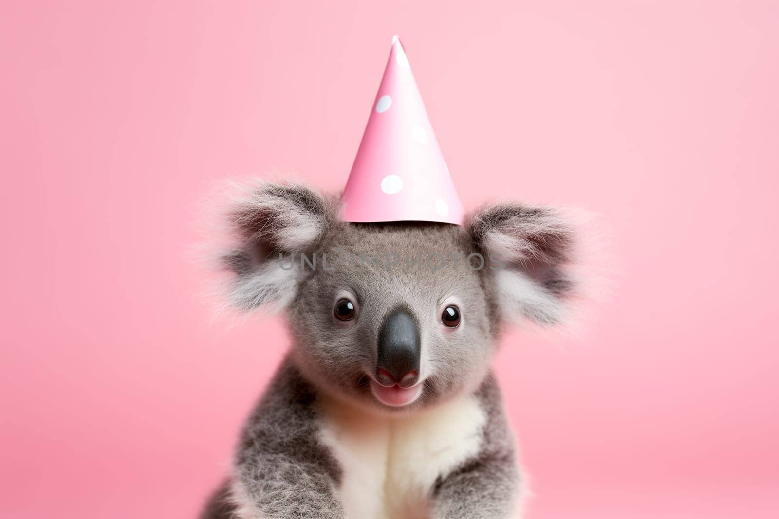 Funny Koala in birthday cap isolated on light pink background. Concept of funny animals and happy birthday. Banner with koala and copy space.