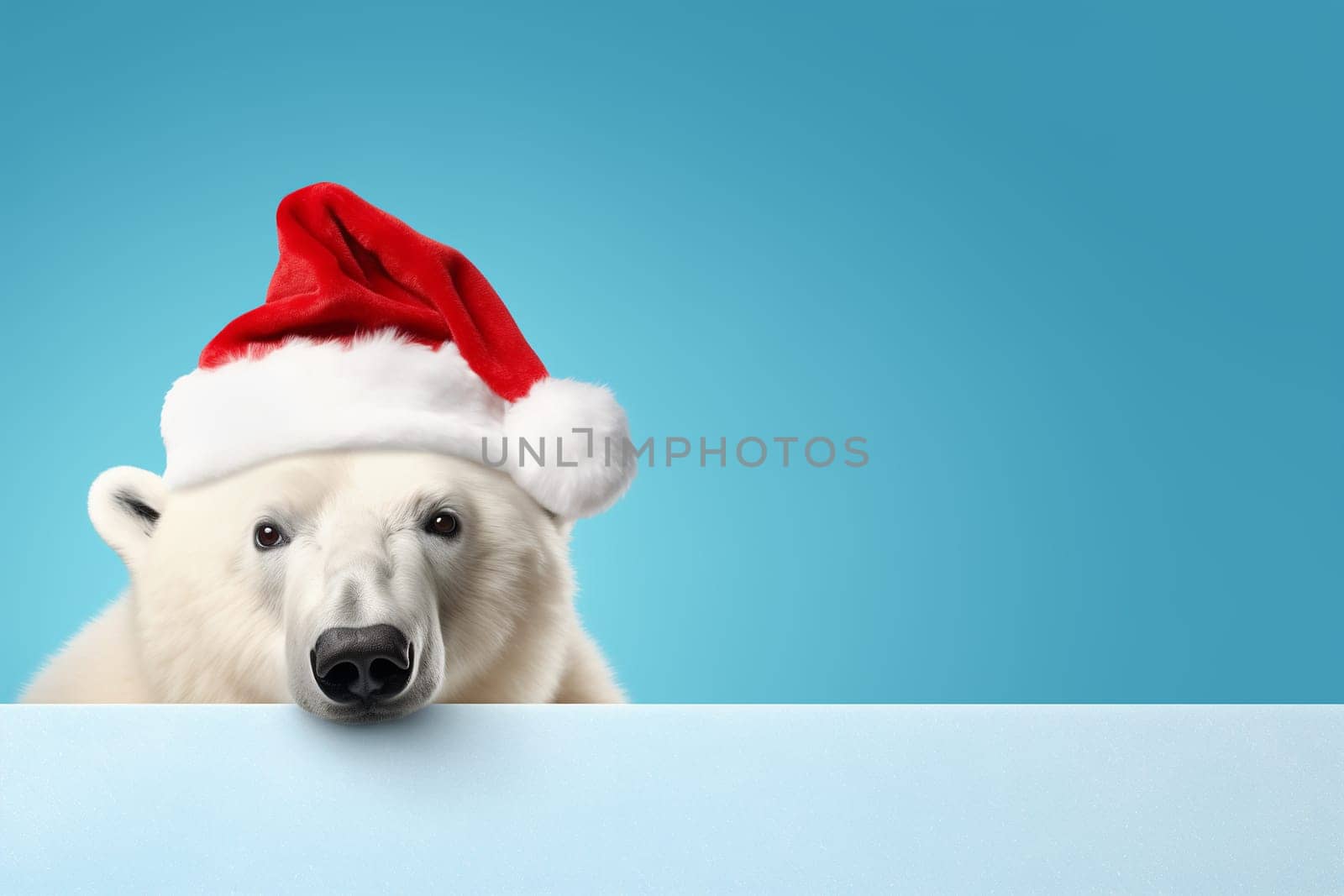 White polar bear in Santa Claus hat isolated on light blue background. New Year or Christmas concept. Banner with a white polar bear and copy space.