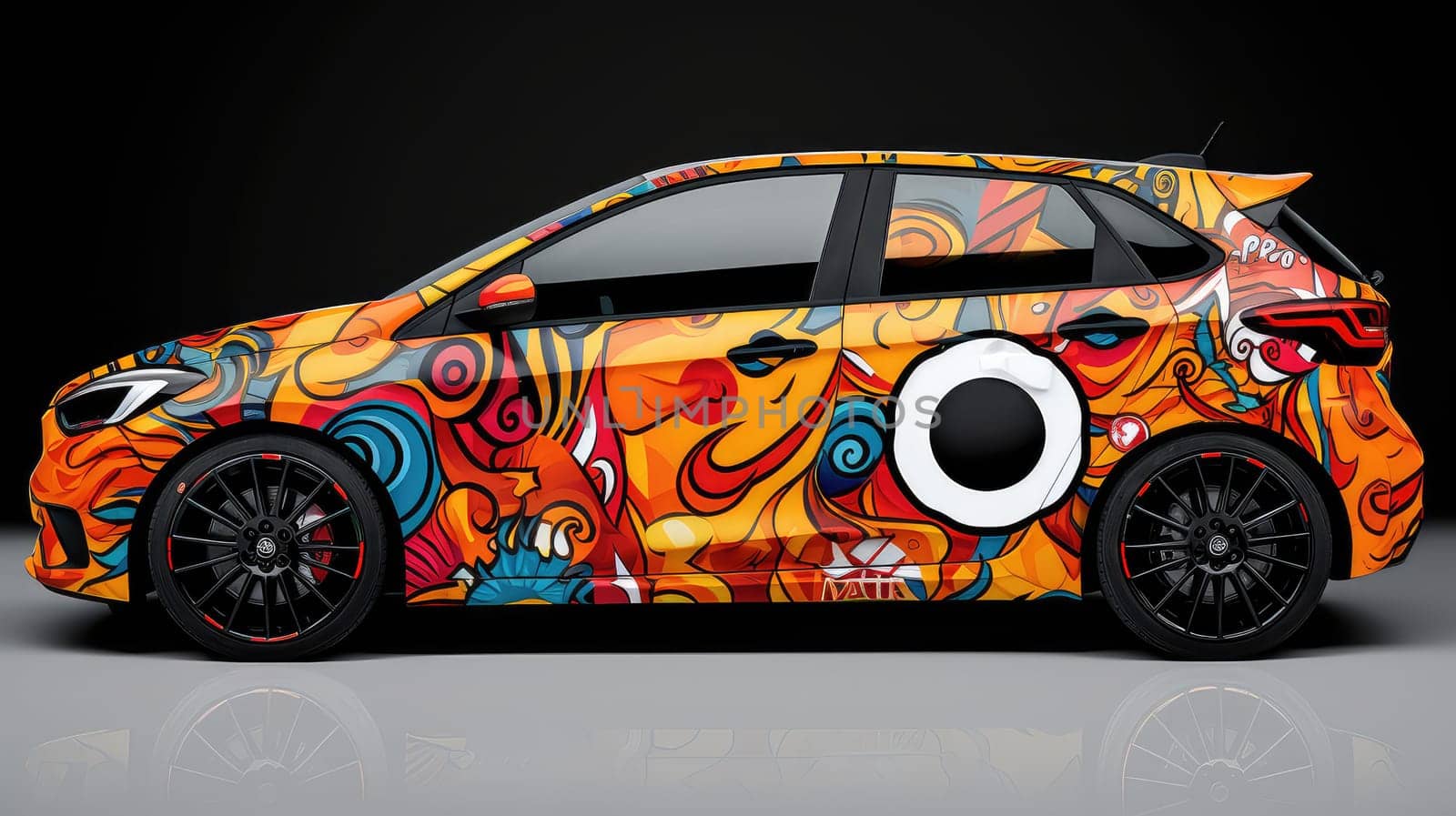 Decal placement options photo realistic illustration - Generative AI. Racing, car, colorful, decal, orange.