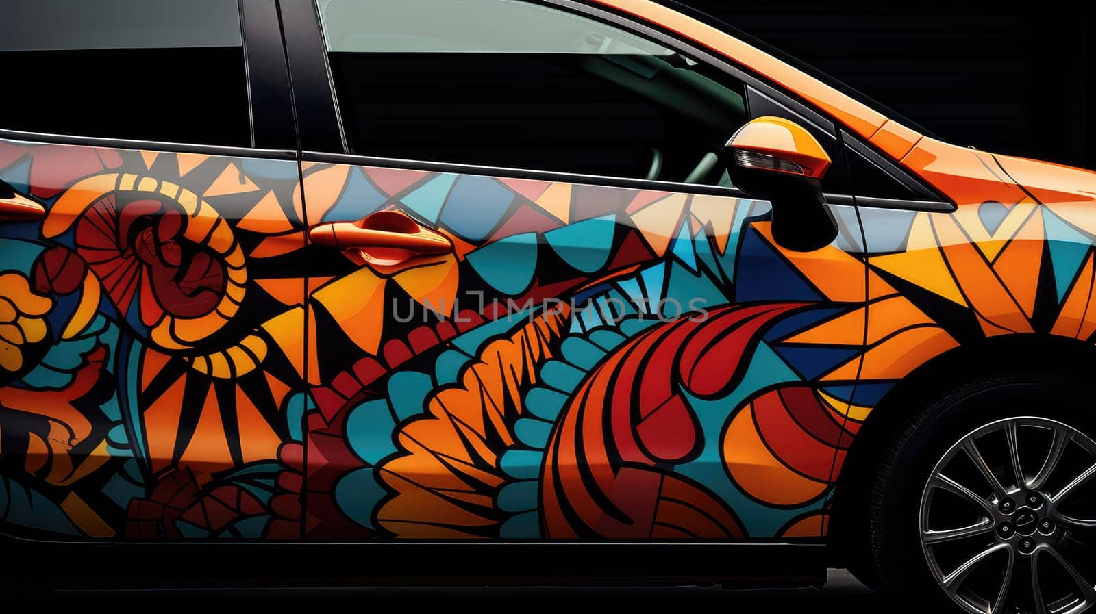 Car with geometric decal photo realistic illustration - Generative AI. Car, colorful, geometric, sticker, decal.