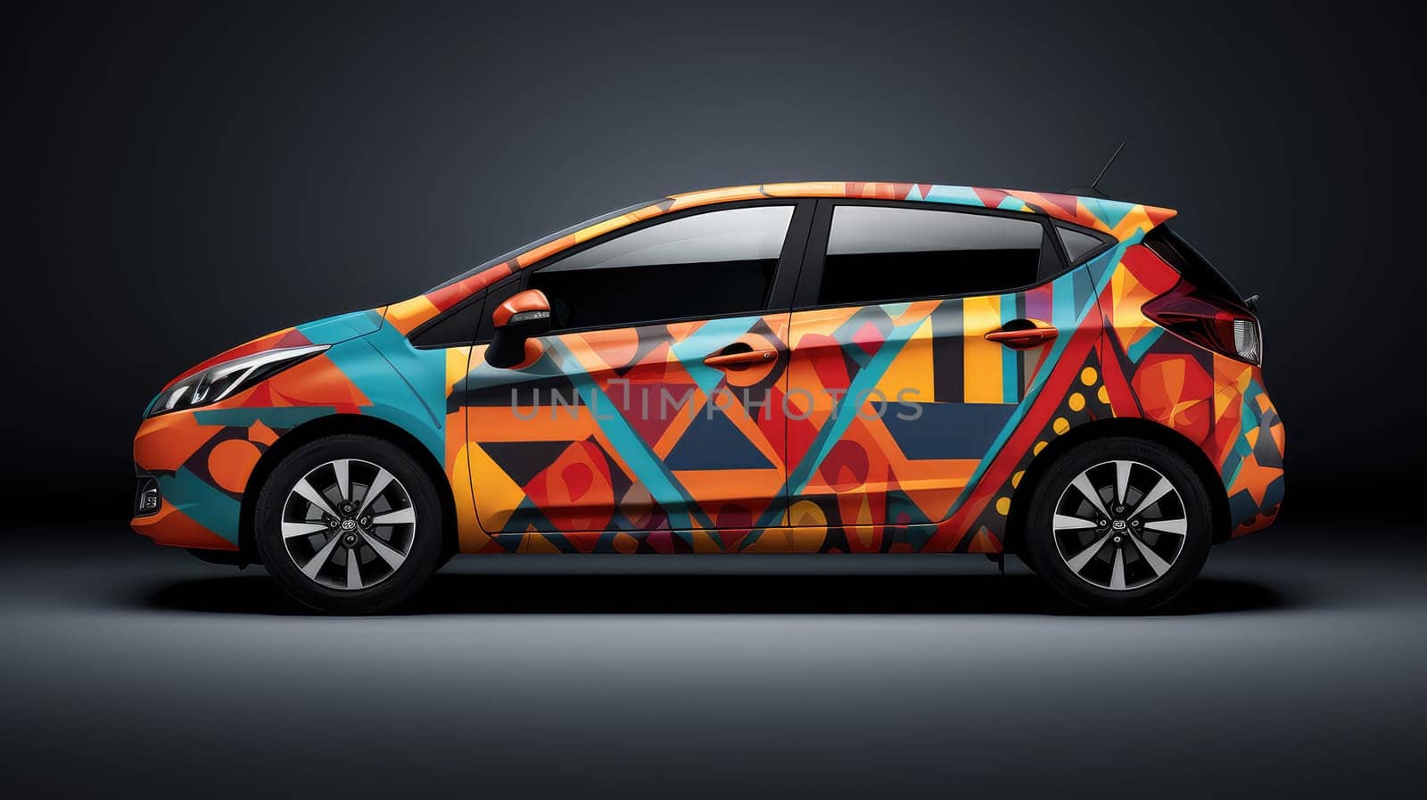 Car with geometric decal photo realistic illustration - Generative AI. Car, colorful, geometric, sticker, decal.