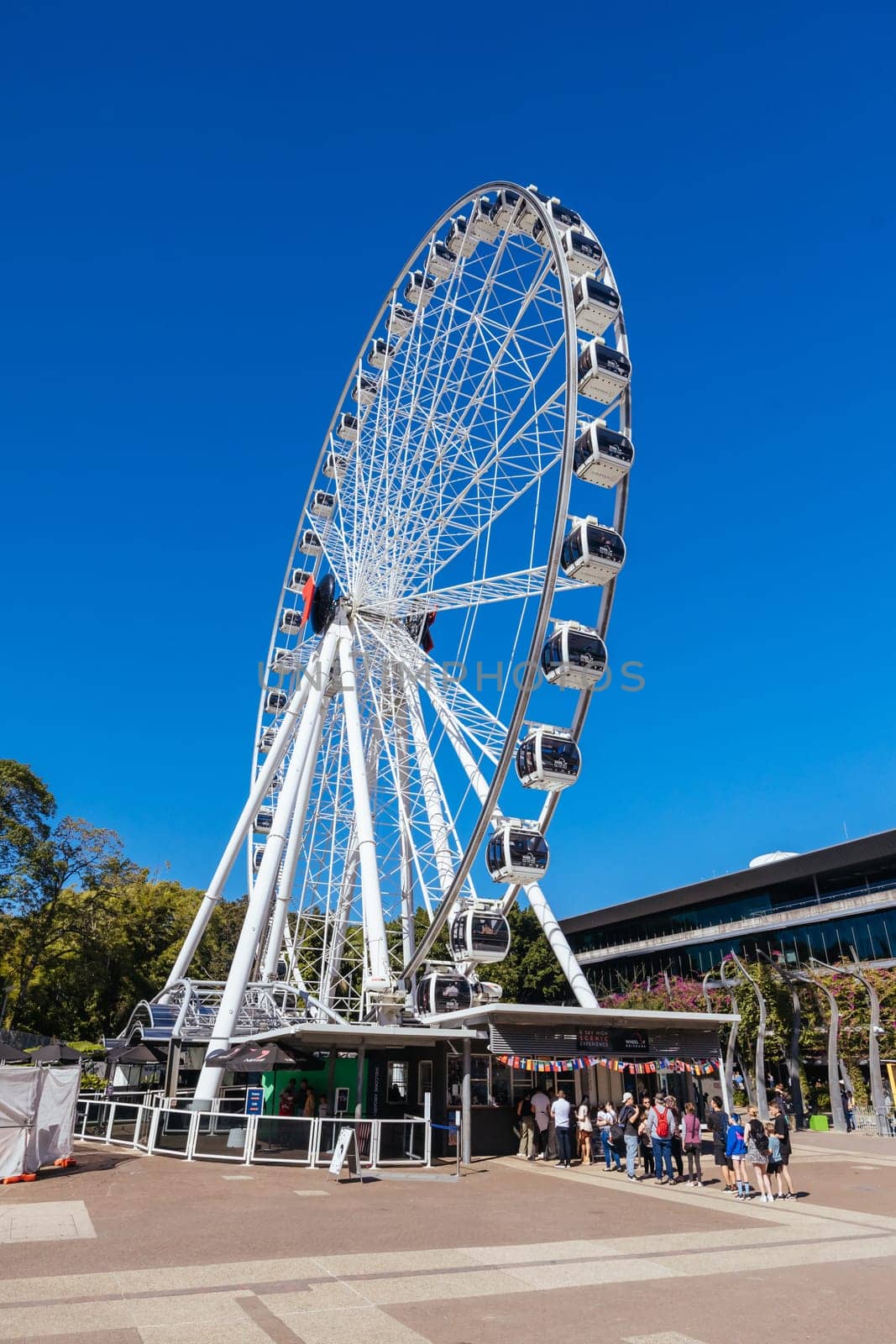 BRISBANE, AUSTRALIA - JULY 29 2023: The popular tourist attraction of the Wheel of Brisbane along Southbank in Brisbane, Queensland, Australia