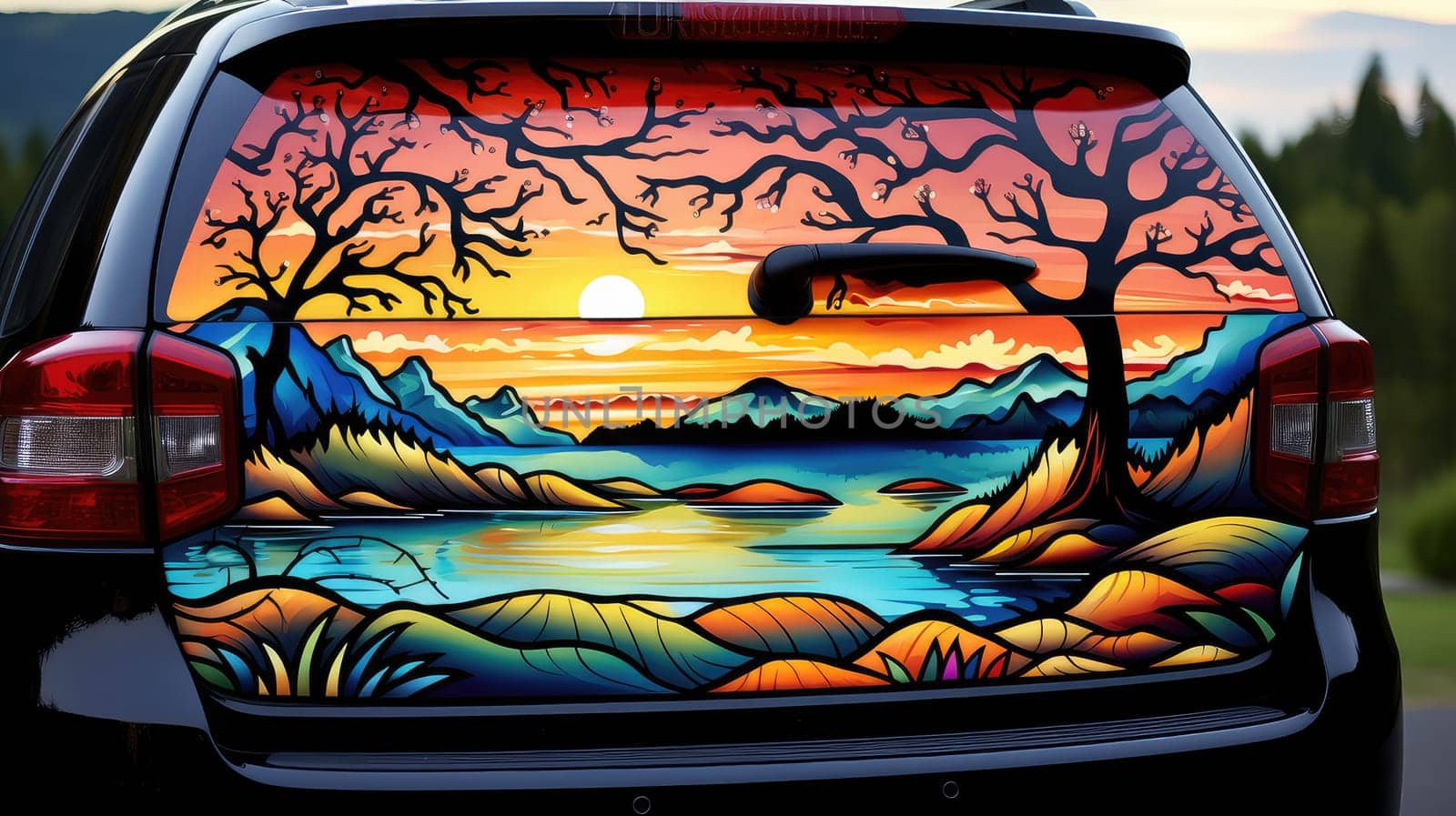 Nature-inspired decal photo realistic illustration - Generative AI. Car, back, nature, landscape, decal.