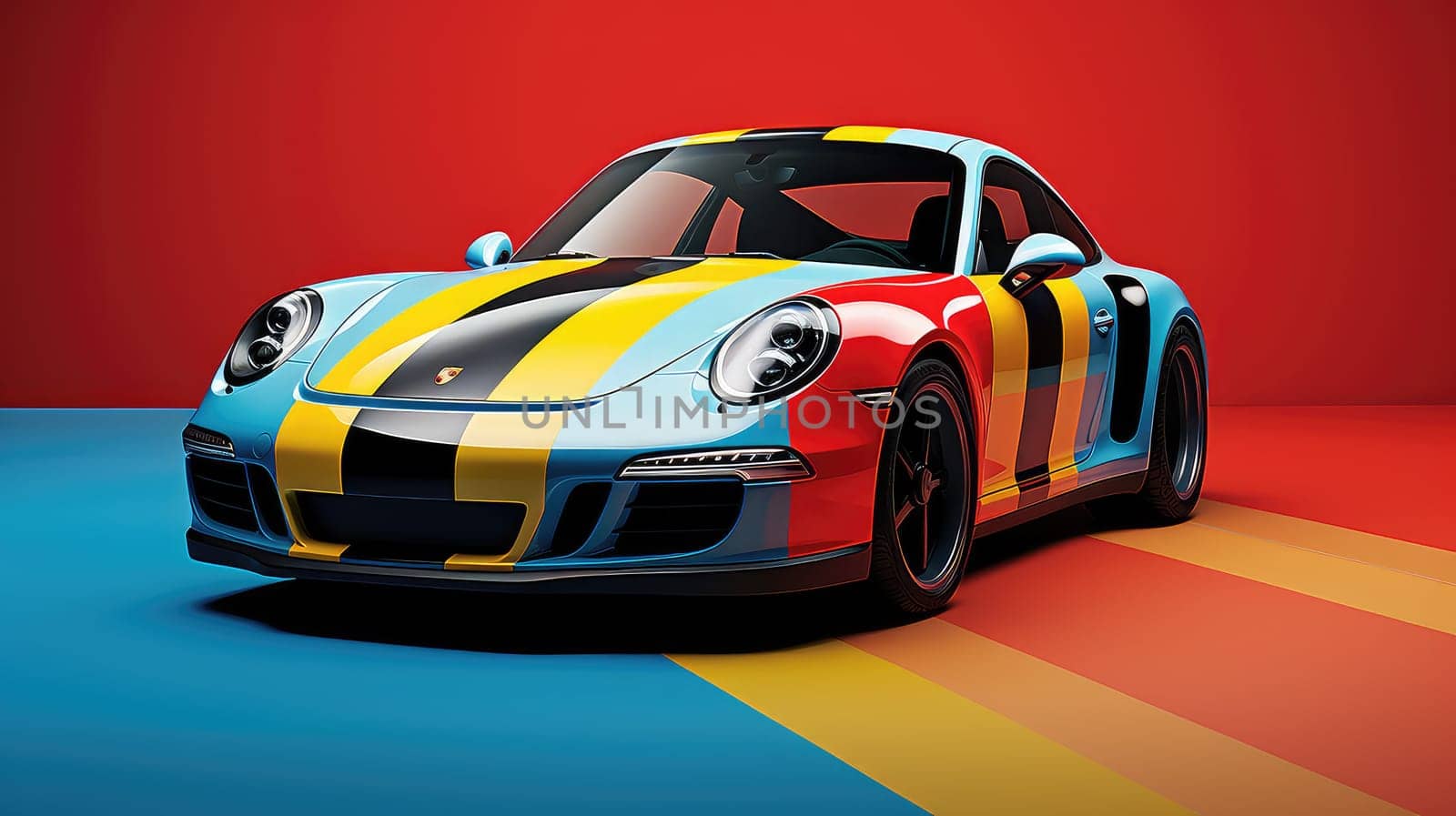 Racing stripes revival photo realistic illustration - Generative AI. Racing, stripes, hood, car, headlight.