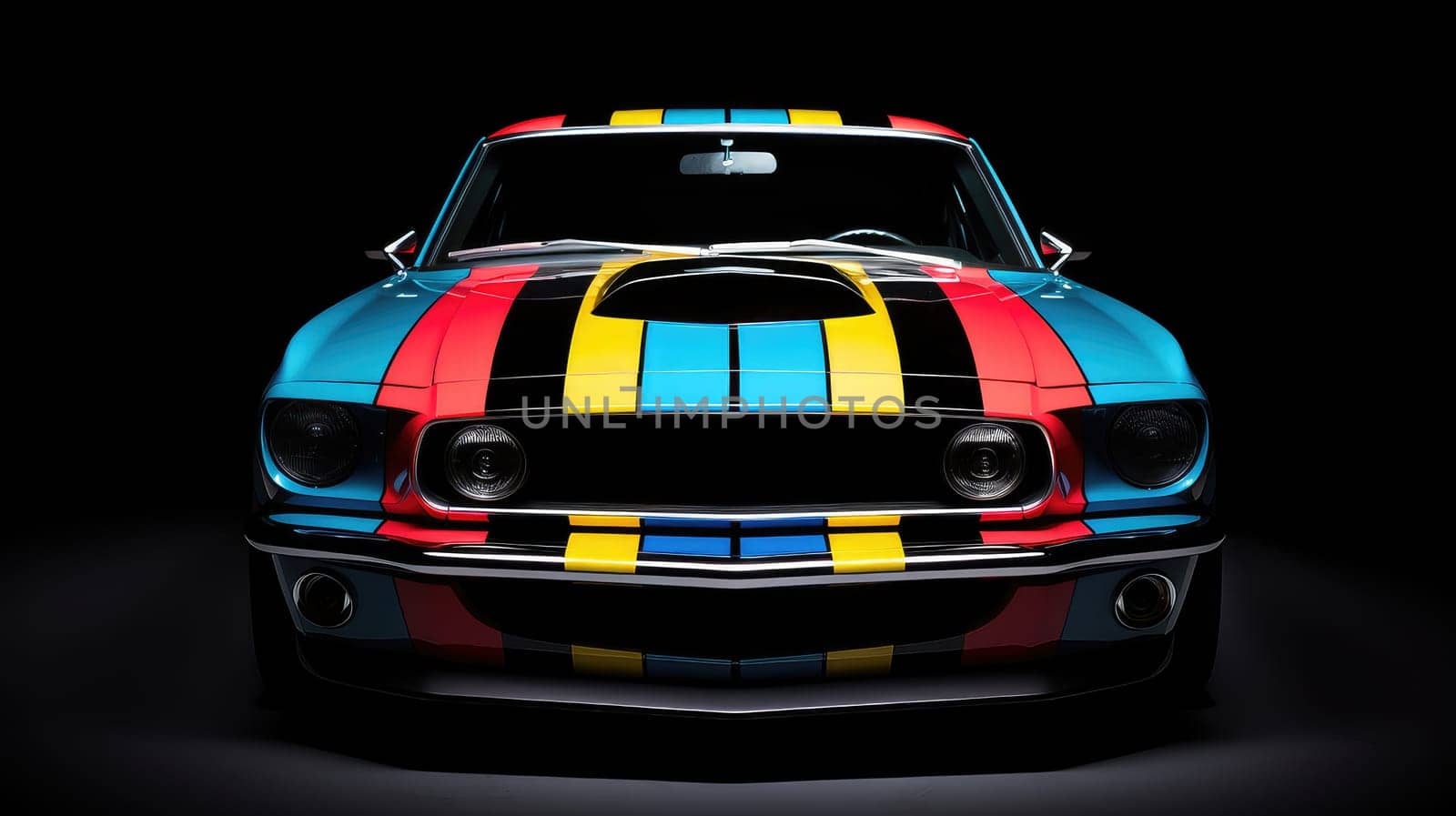 Racing stripes revival photo realistic illustration - Generative AI. Racing, stripes, hood, car, headlight.