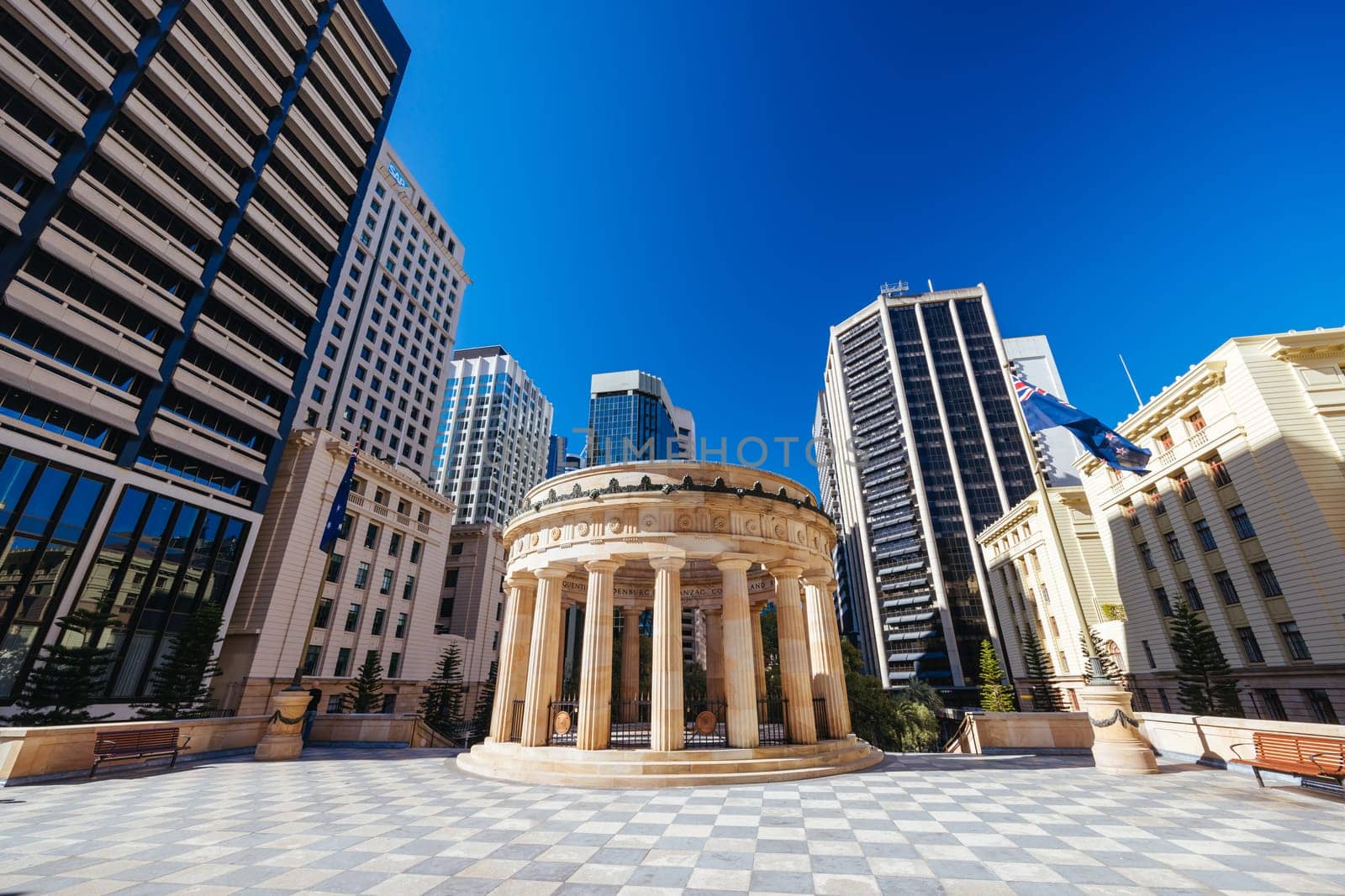 BRISBANE, AUSTRALIA - JULY 29 2023: ANZAC Square and memorial parklands on a warm winter's morning in Brisbane, Queensland, Australia