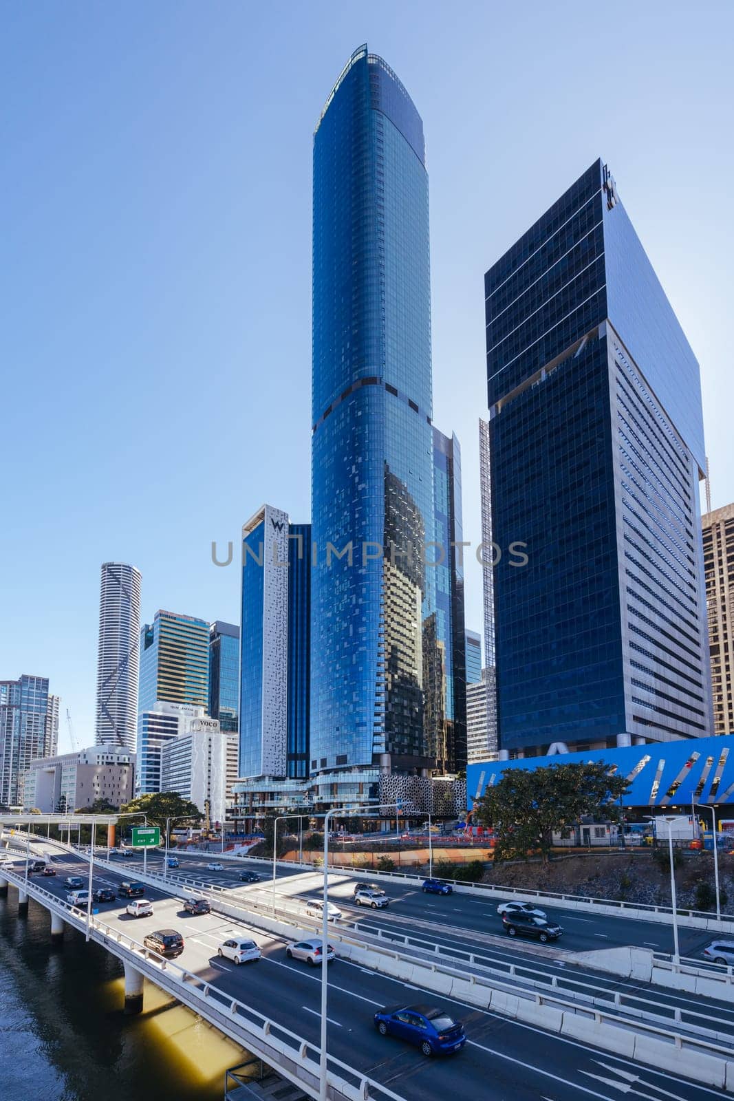 BRISBANE, AUSTRALIA - JULY 29 2023: Brisbane CBD skyline on a winter's morning from Victoria Bridge in Southbank in Queensland, Australia