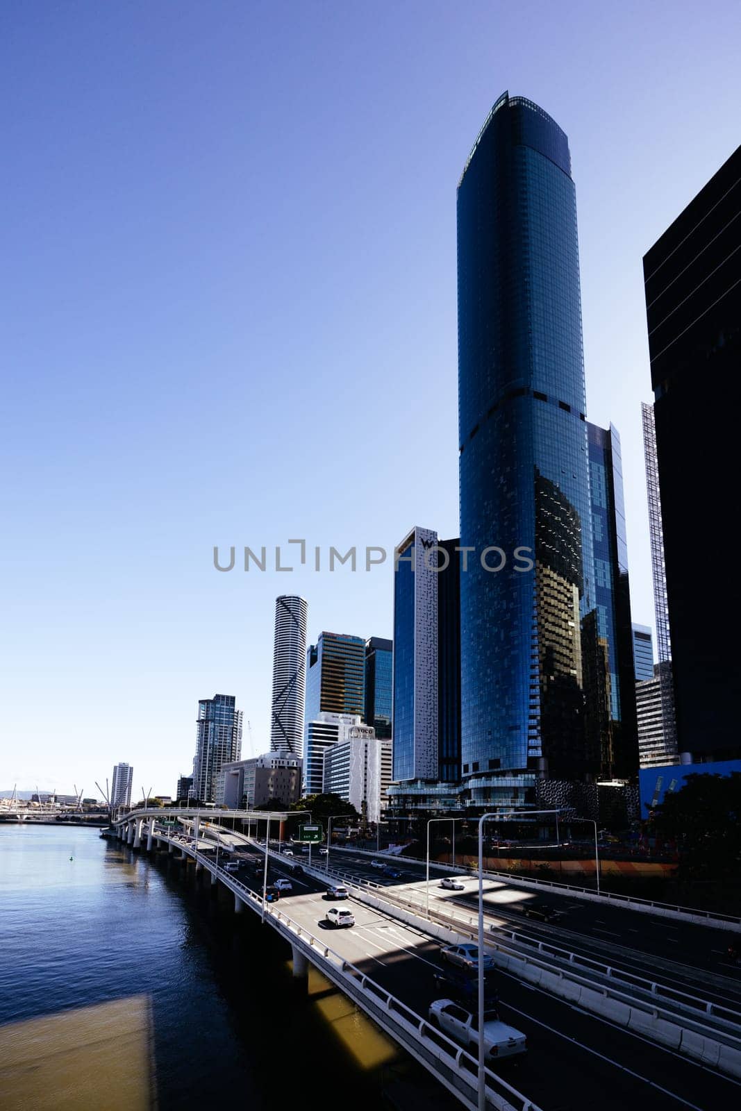BRISBANE, AUSTRALIA - JULY 29 2023: Brisbane CBD skyline on a winter's morning from Victoria Bridge in Southbank in Queensland, Australia