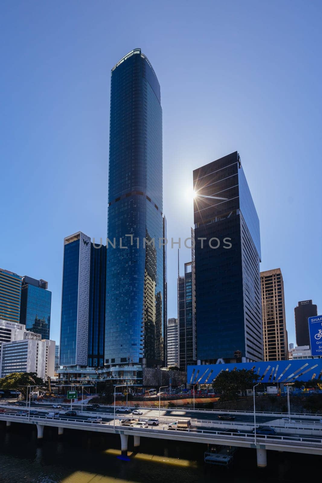 BRISBANE, AUSTRALIA - JULY 29 2023: Brisbane CBD skyline on a winter's morning from Victoria Bridge in Southbank in Queensland, Australia