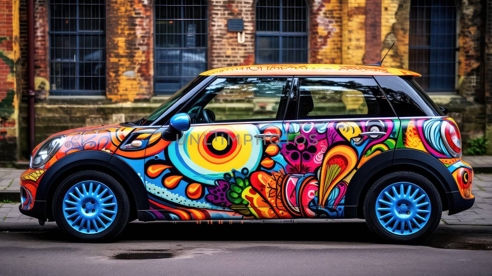 Street art on wheels photo realistic illustration - Generative AI. Building, street, car, colorful, decal.