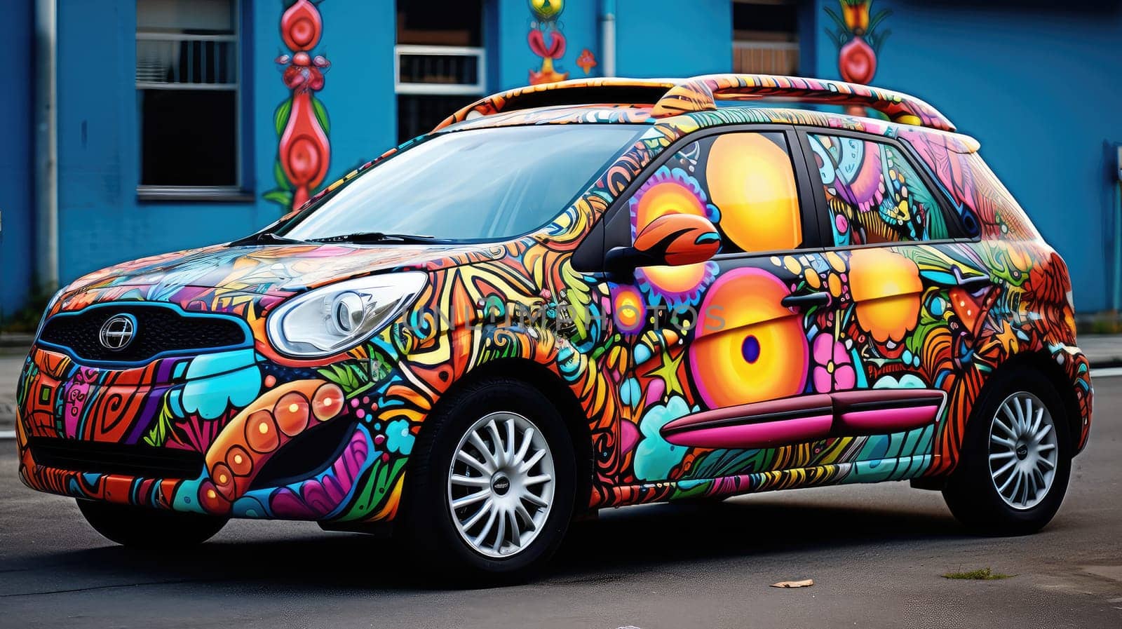 Street art on wheels photo realistic illustration - Generative AI. Building, street, car, colorful, decal.