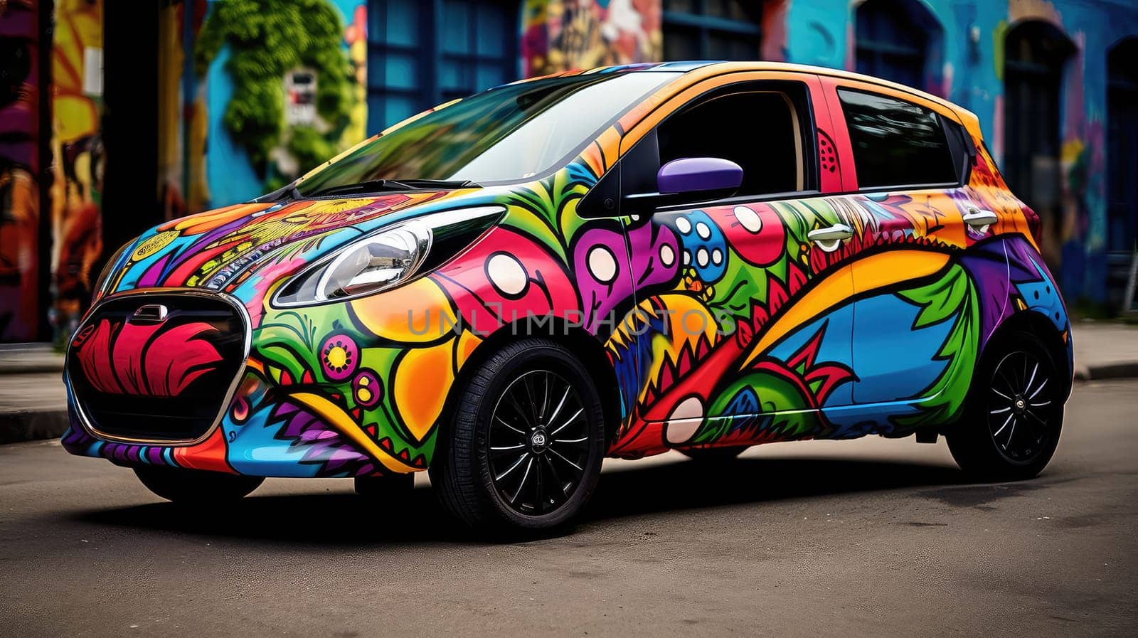 Street art on wheels photo realistic illustration - Generative AI. Building, street, car, colorful, decal.