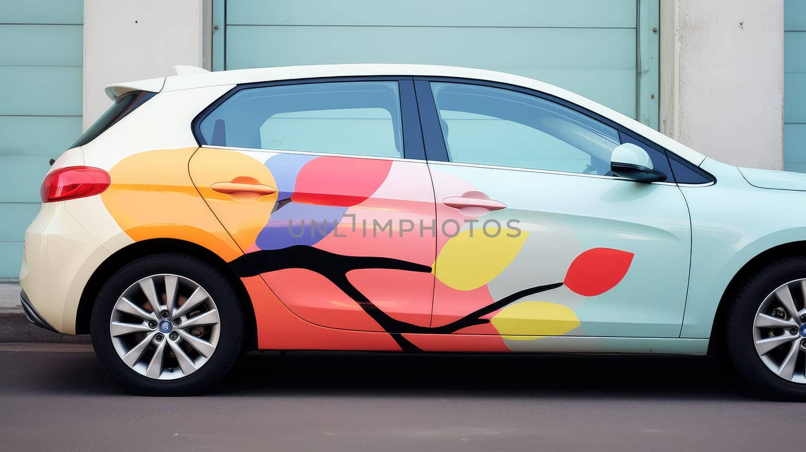 Minimalist car decal cartoon illustration - Generative AI. White, car, striped, decal, yellow.