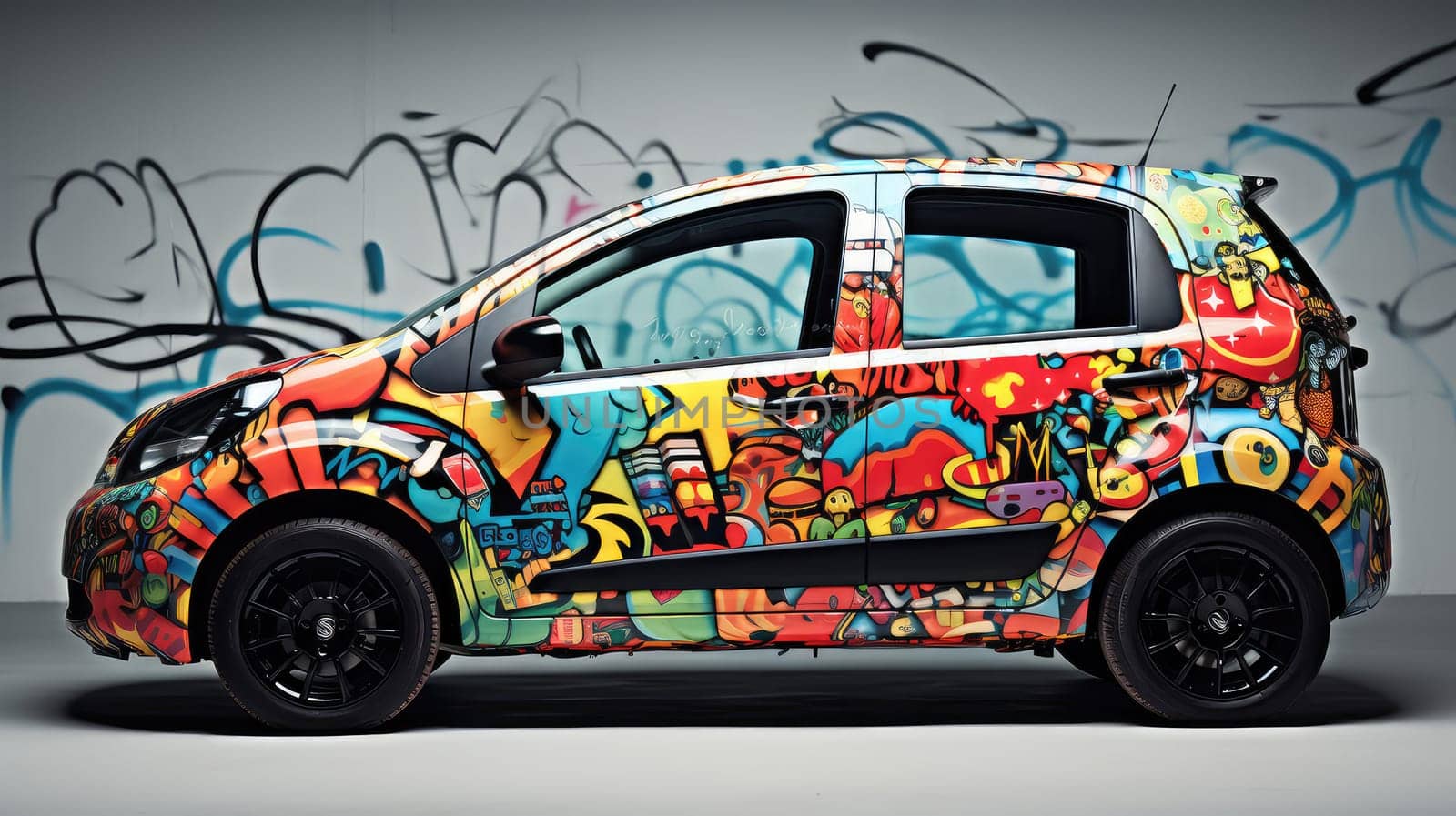 Urban graffiti influence photo realistic illustration - Generative AI. Car, wall, street, graffiti, decal.