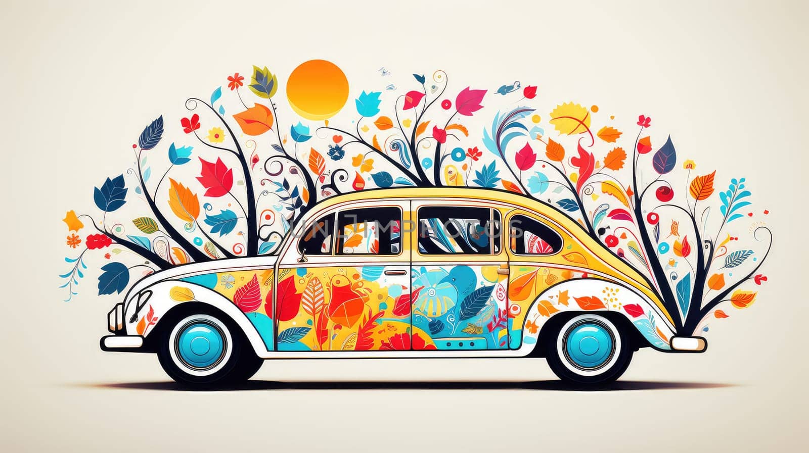Creative car decal cartoon illustration - Generative AI. Vintage, car, nature, colorful, decal.