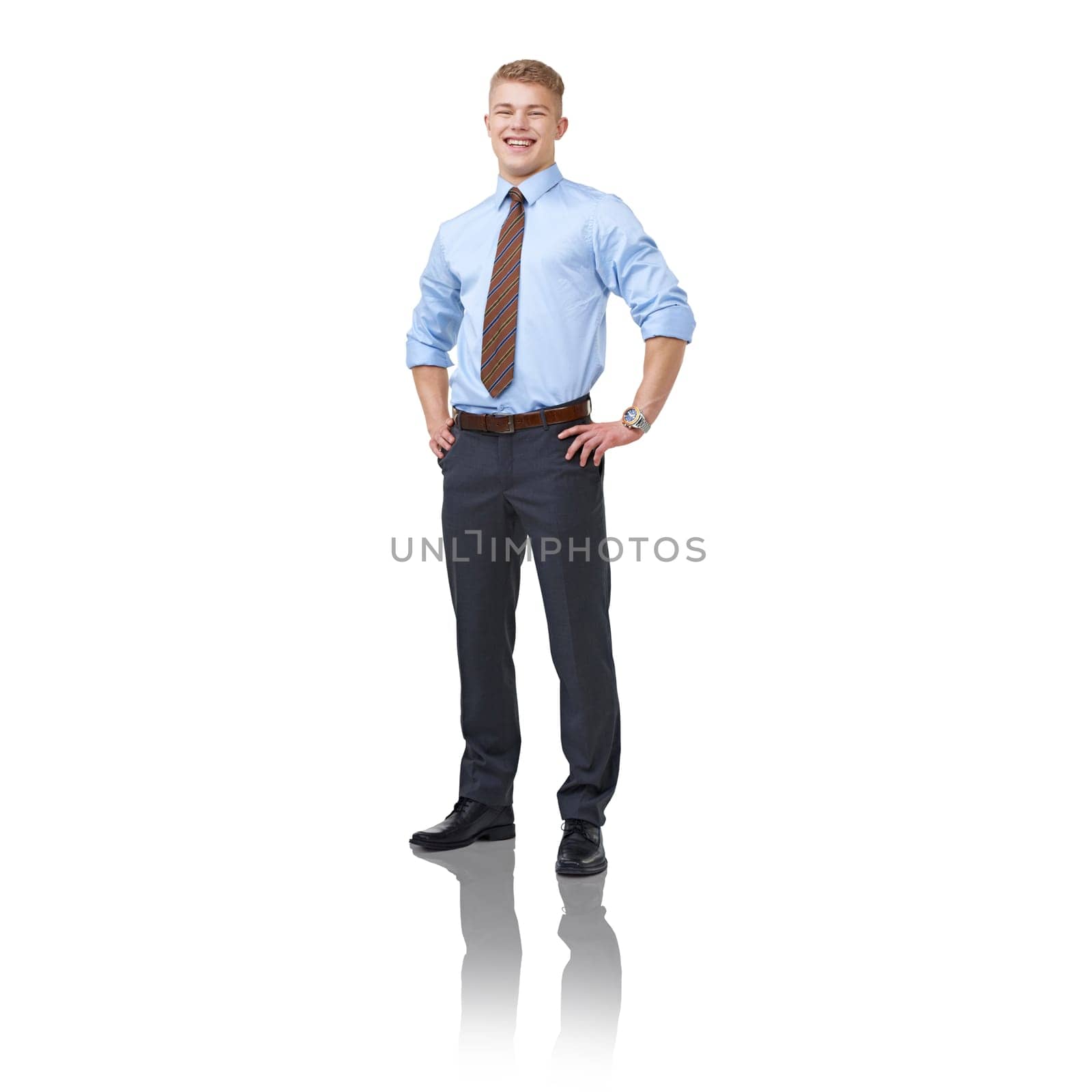 Professional, smile and portrait of business man in studio for career, financial advisor and corporate. Happy, accountant and employee with male person on white background for fashion and mockup.