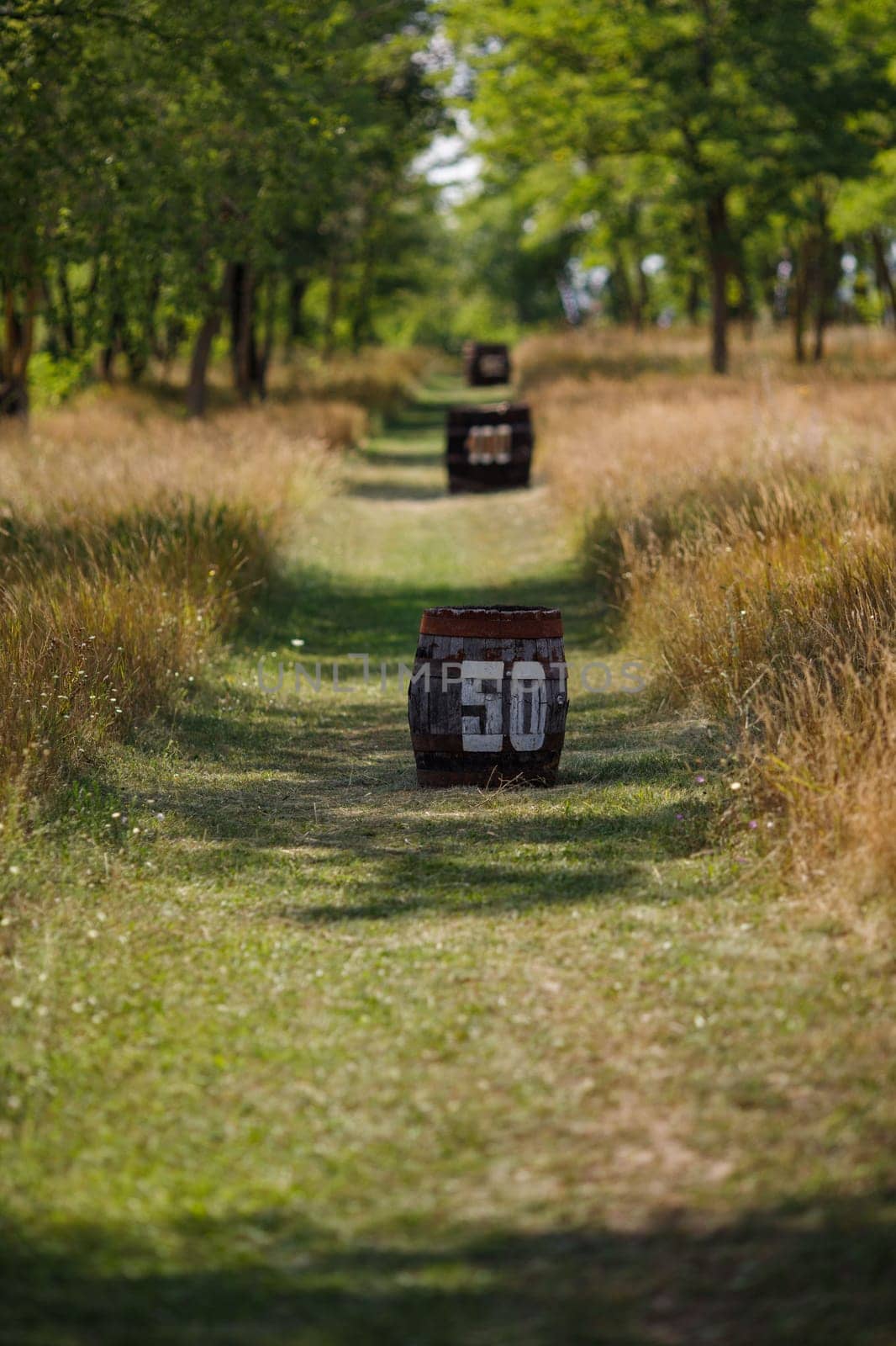 Wooden barrels counting yards along a golf field by Gravika