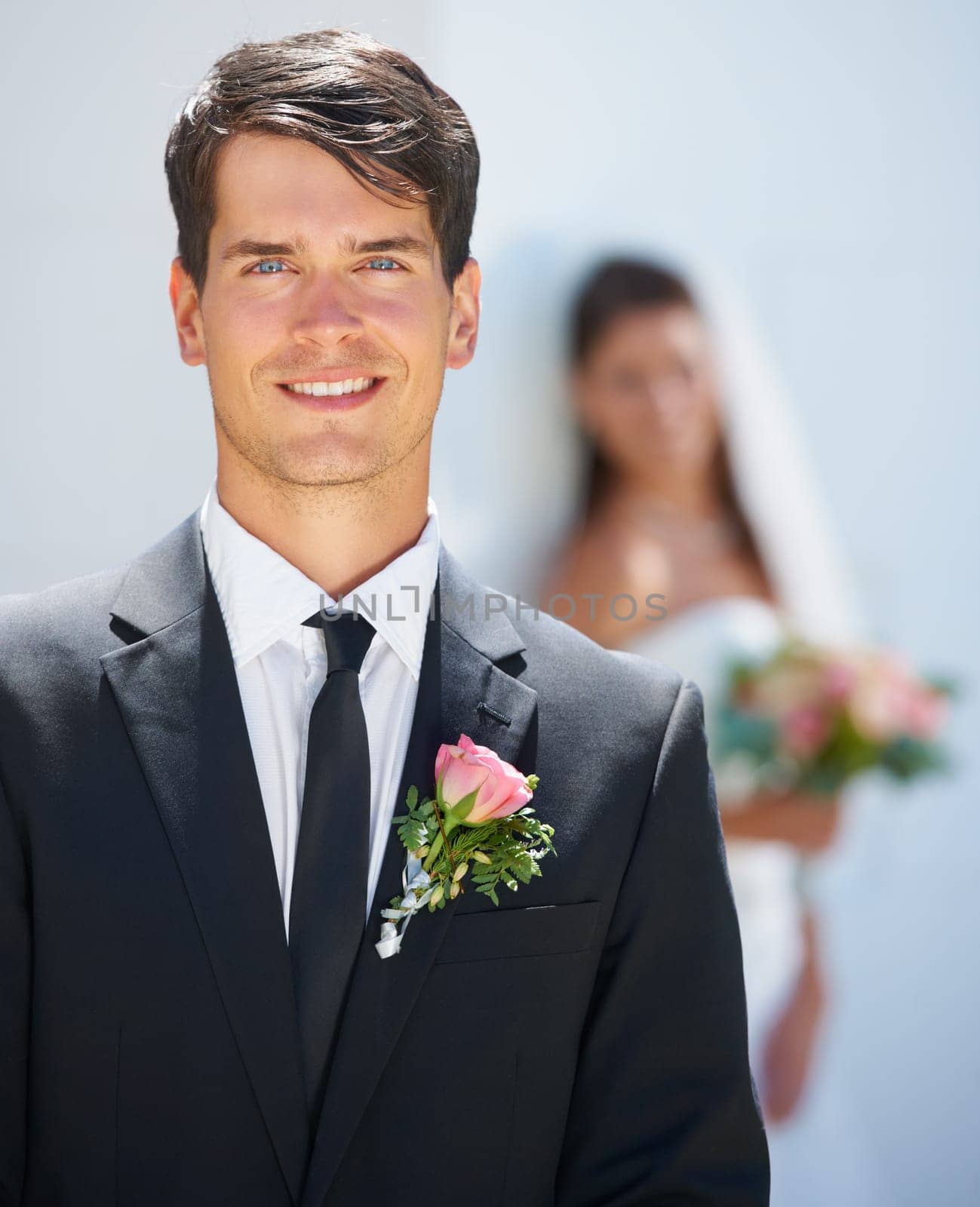 Man, groom and smile in portrait, outdoors and commitment for marriage, positive and elegant. Male person, face and outside wedding, love and romance for relationship, husband and joy for event by YuriArcurs