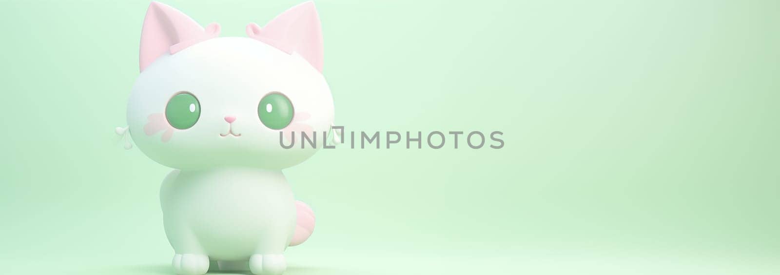 Cute little cat with a kind smiling face and big eyes. 3D Kitten in pastel color green and pink. Super cute pet illustration drawn in a cartoon 3d mesh style background Copy space Space for text