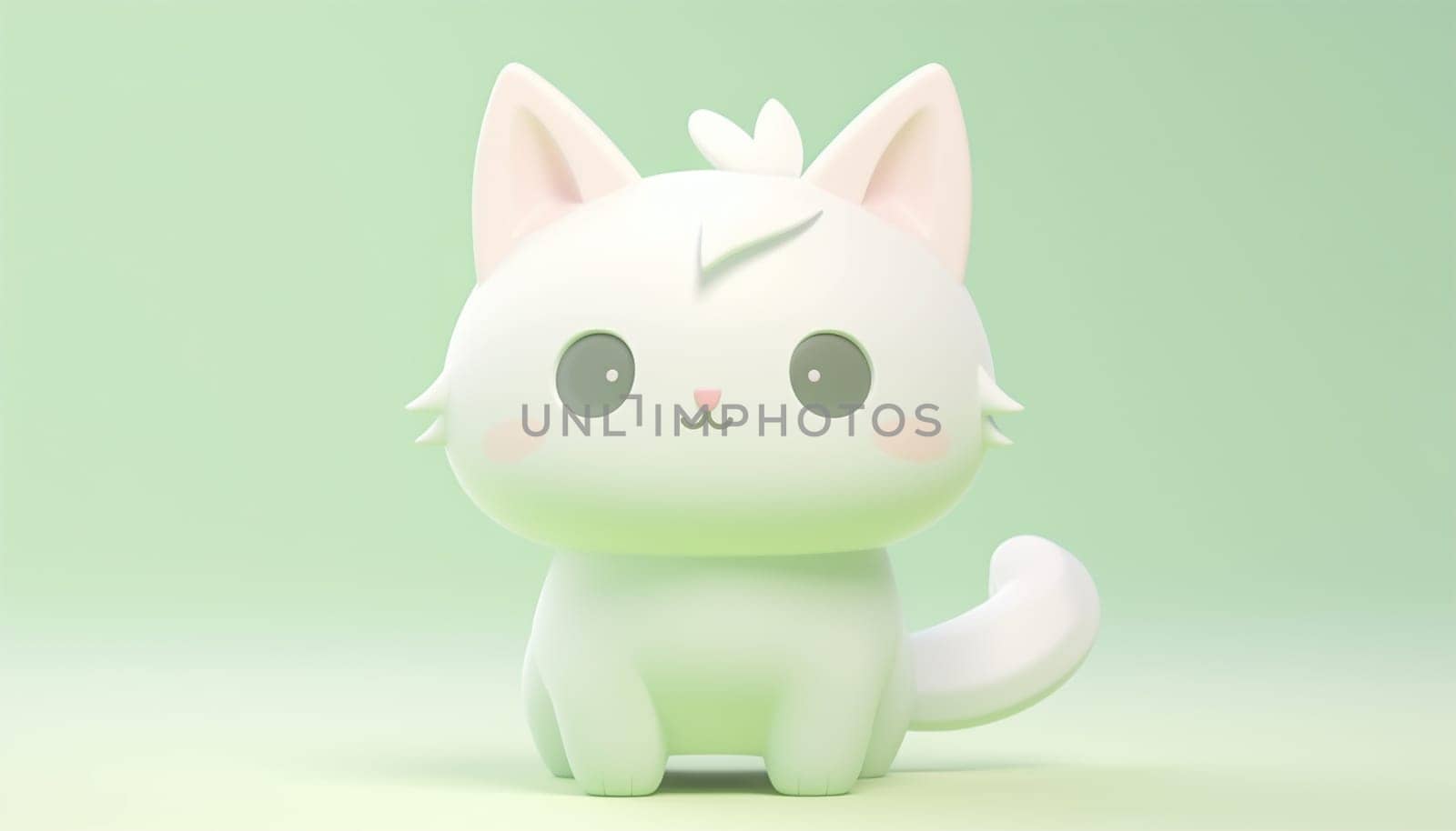 Cute little cat with a kind smiling face and big eyes. 3D Kitten in pastel color green and pink. Super cute pet illustration drawn in a cartoon 3d mesh style background Copy space Space for text