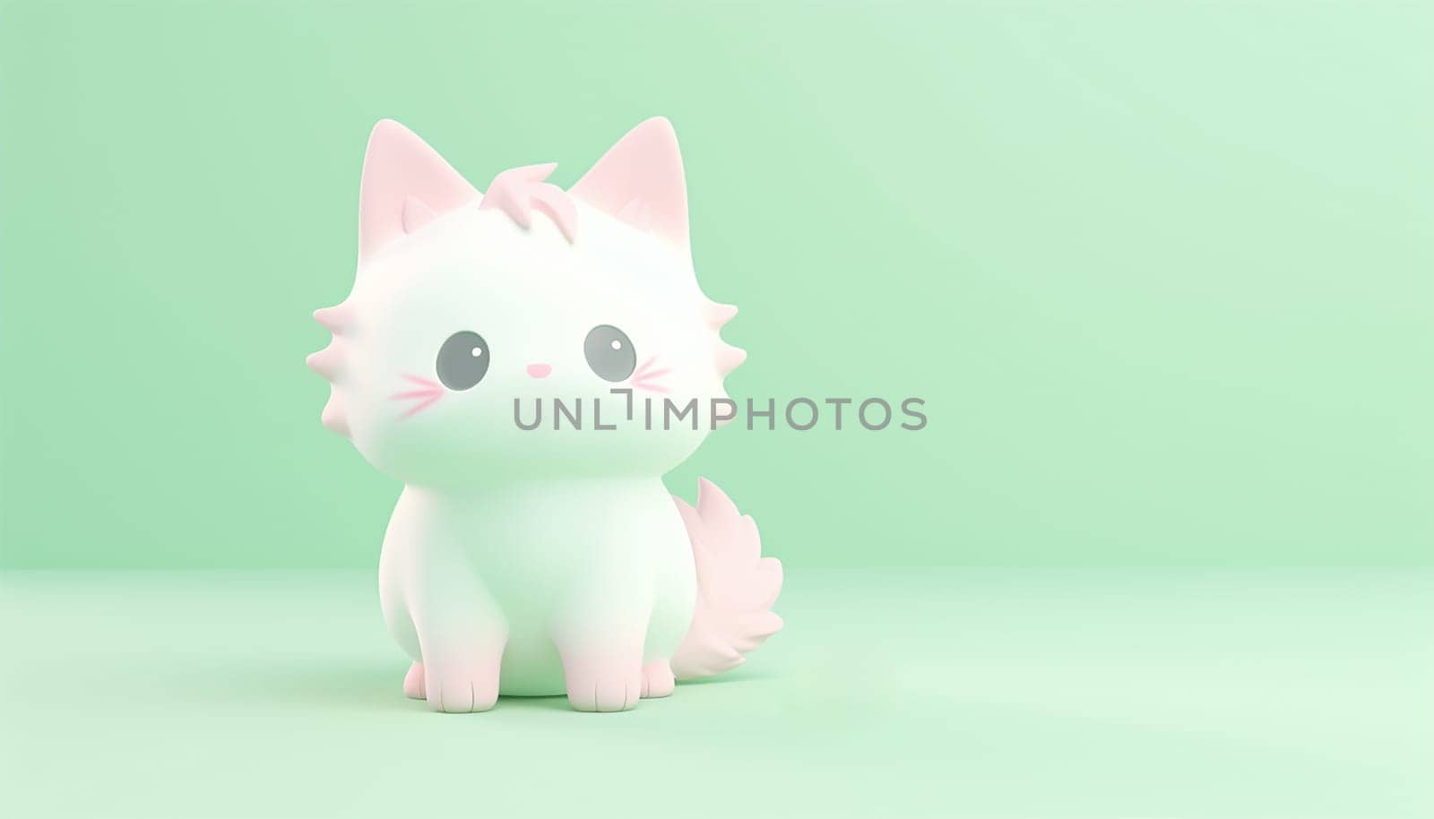 Cute little cat with a kind smiling face and big eyes. 3D Kitten in pastel color green and pink. Super cute pet illustration drawn in a cartoon 3d mesh style background Copy space Space for text