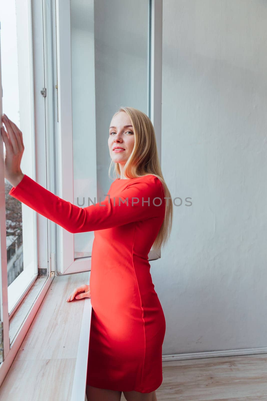 A woman in a red dress stands in a room by the window by Simakov