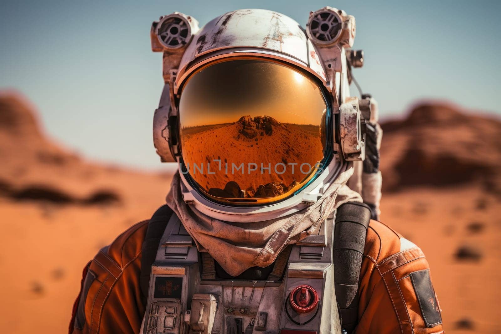 Astronaut in a space suit and helmet standing on the surface of Mars. Generative AI