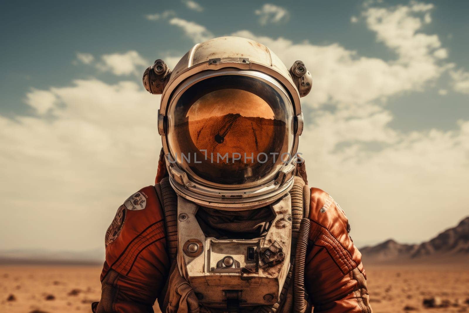 Astronaut in a space suit and helmet standing on the surface of Mars by Suteren