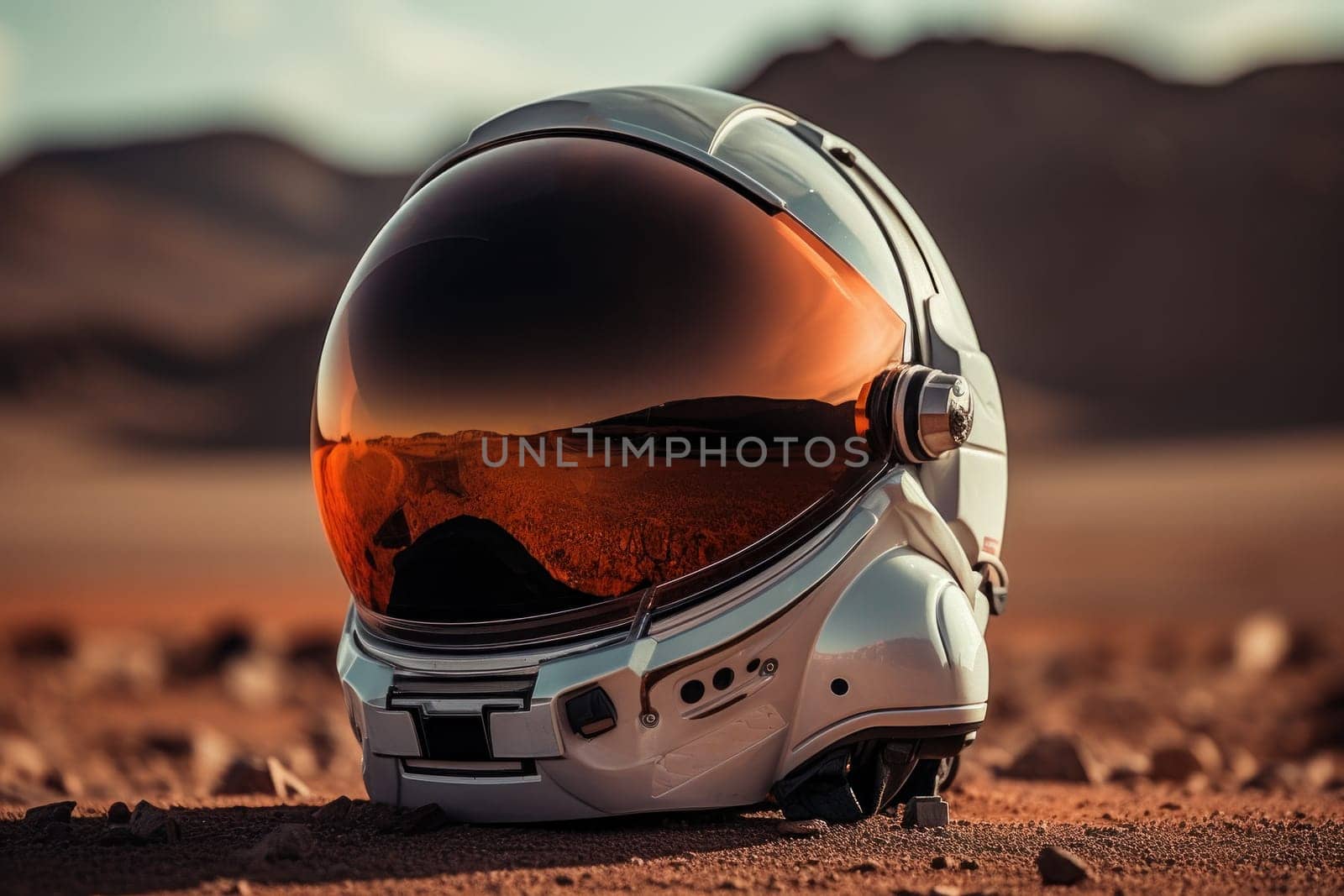 Astronaut's helmet on the ground on Mars. Generative AI