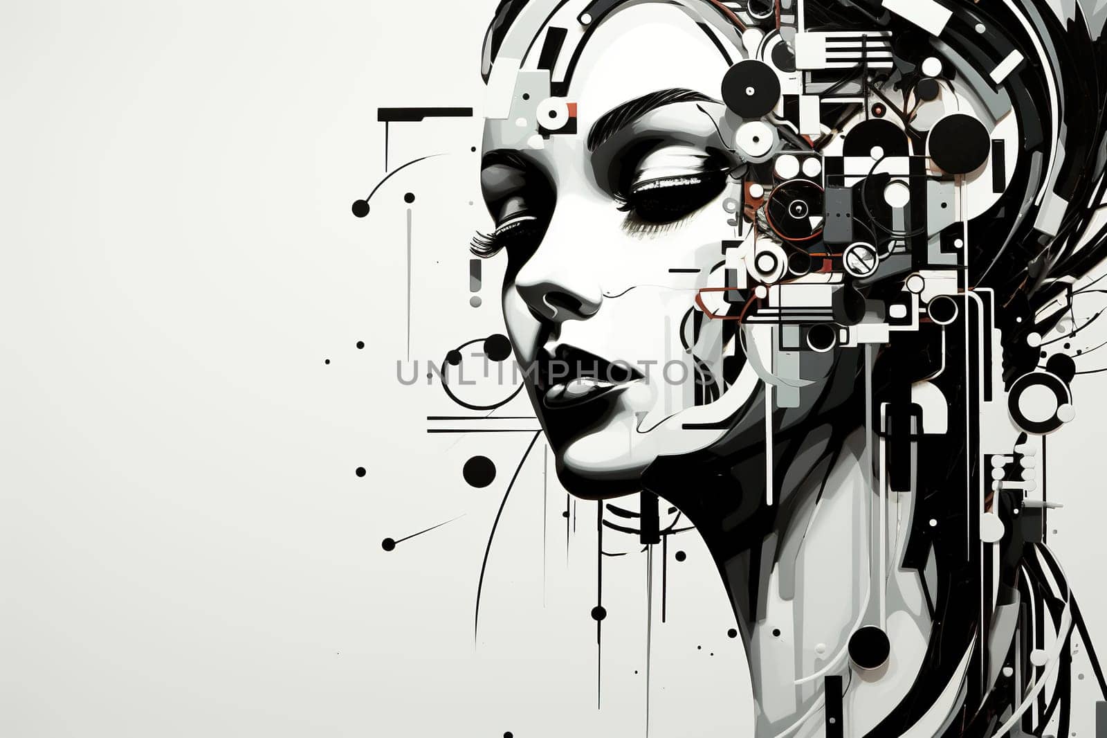 Abstract image of a beautiful cyborg girl on a white background. Generative AI by Vovmar