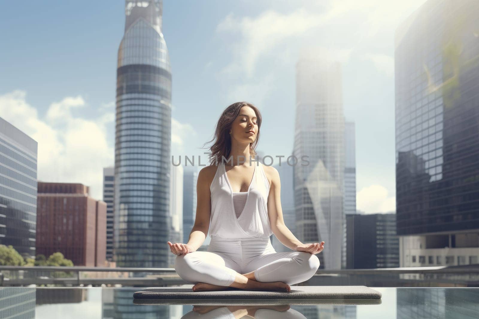 Woman doing yoga during break, work-life balance. by Yurich32