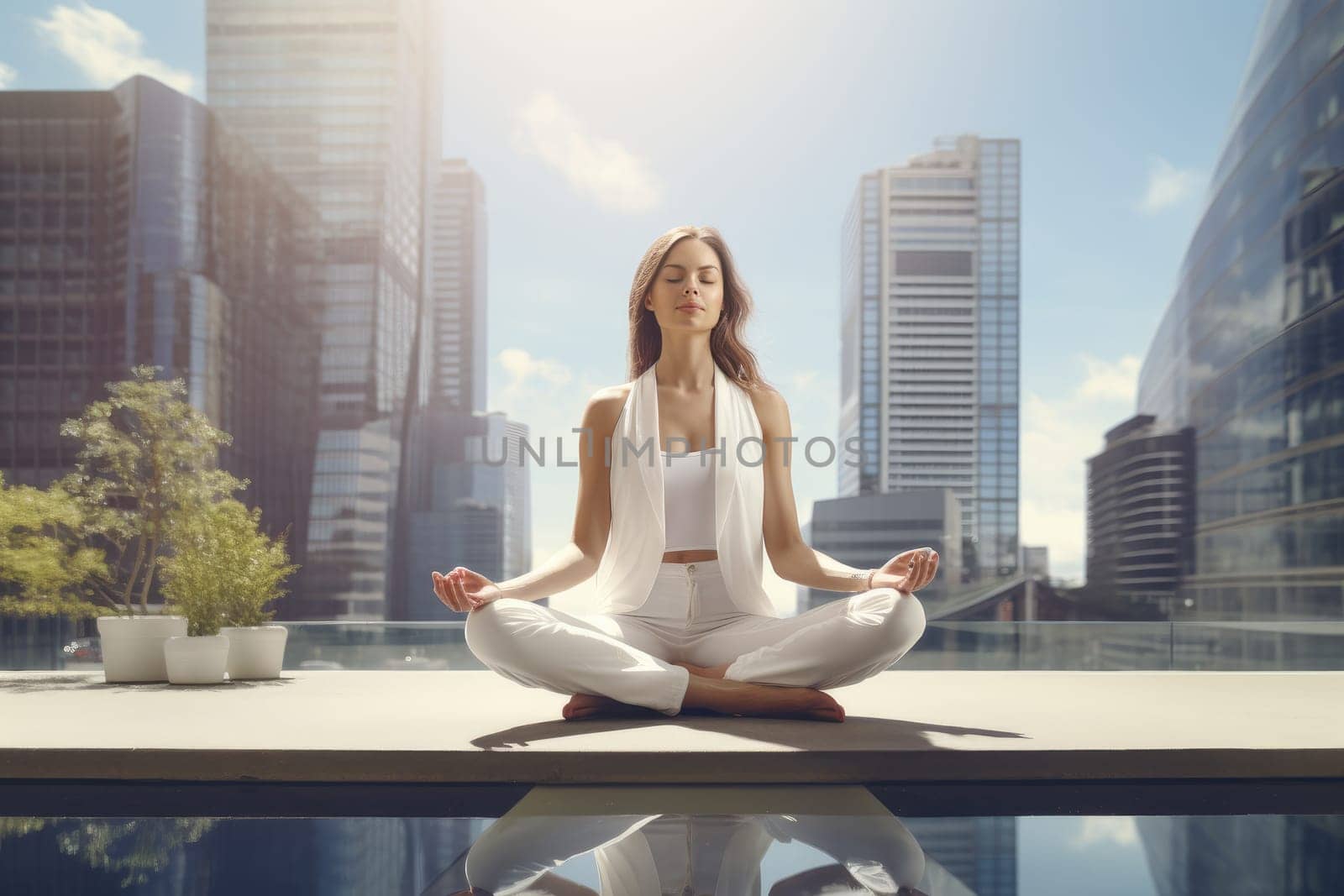 Woman doing yoga during break, work-life balance. by Yurich32