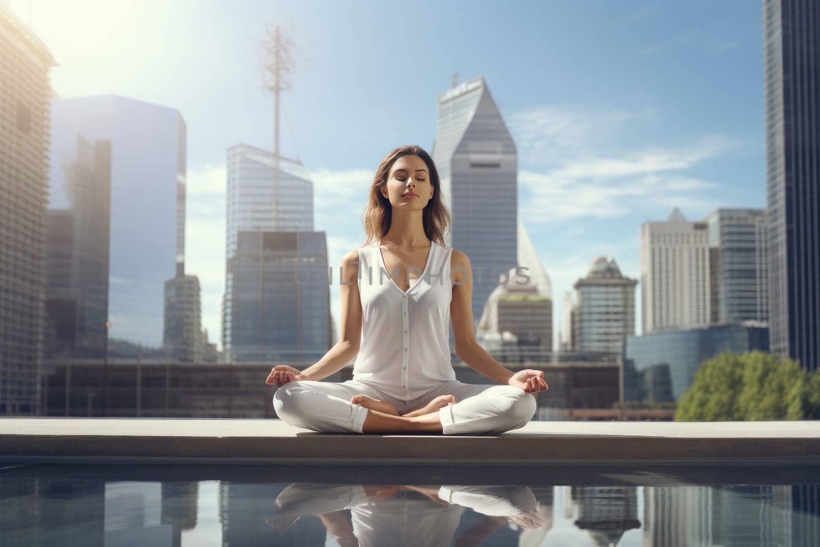 Woman doing yoga during break, work-life balance. by Yurich32