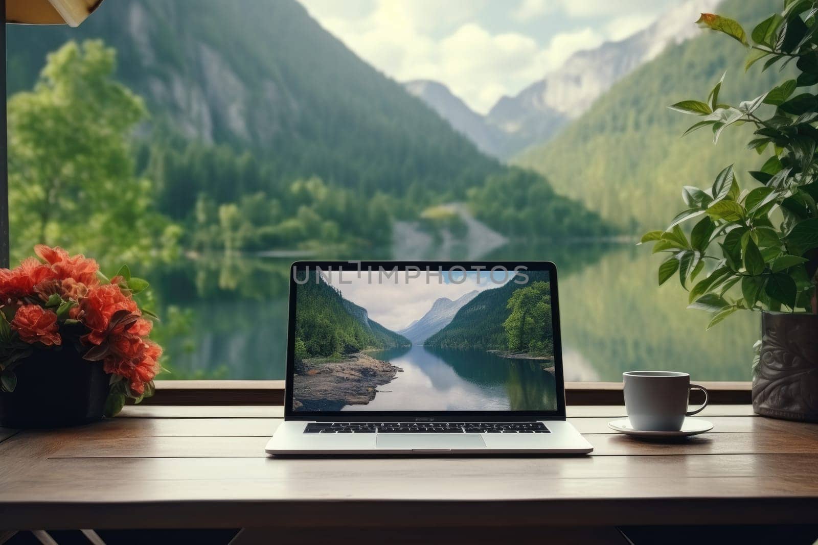 Laptop on Table with Nature View from Window Emphasizing Remote Work Concept by Yurich32