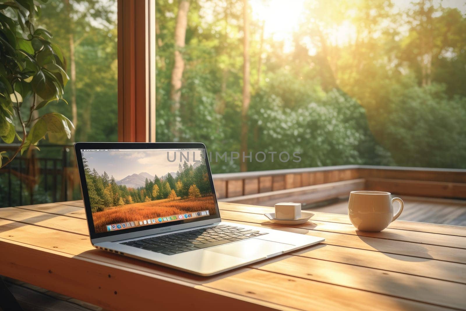 Tranquil nature scene with a laptop on a table, showcasing a perfect remote work setup amidst the serene beauty of a lake and mountains in the background.