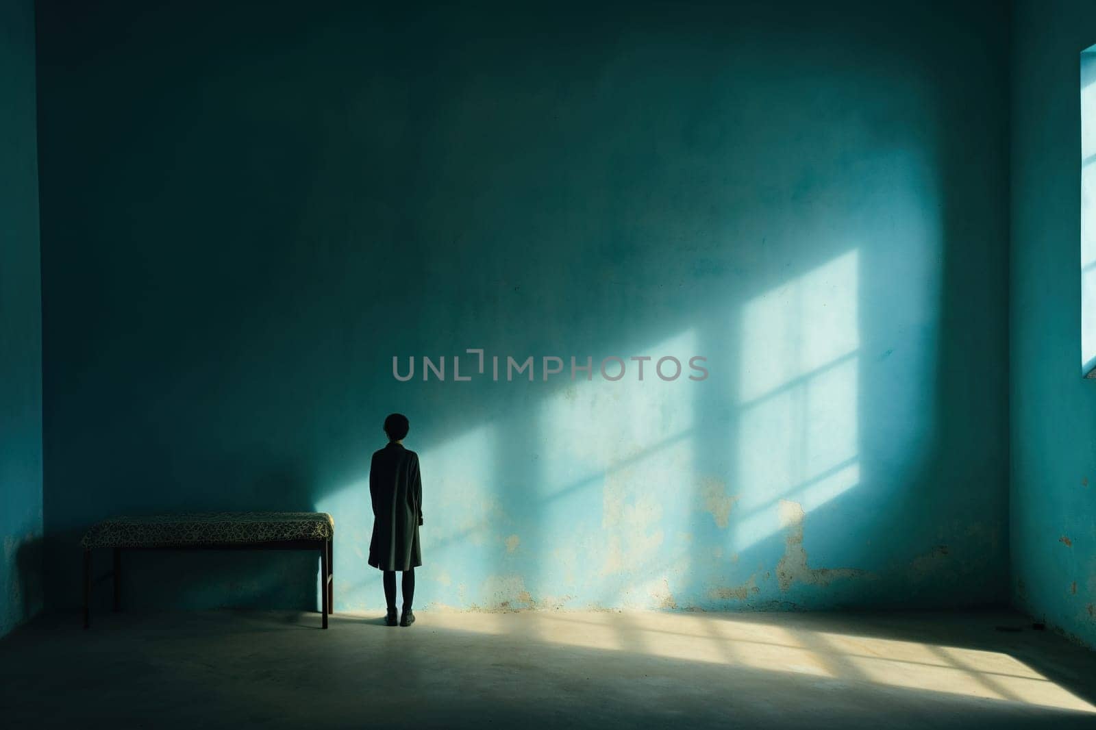 A lonely man stands facing the wall in an empty room with a bench. Blue wall with shadows. Concept of human loneliness, social problems.