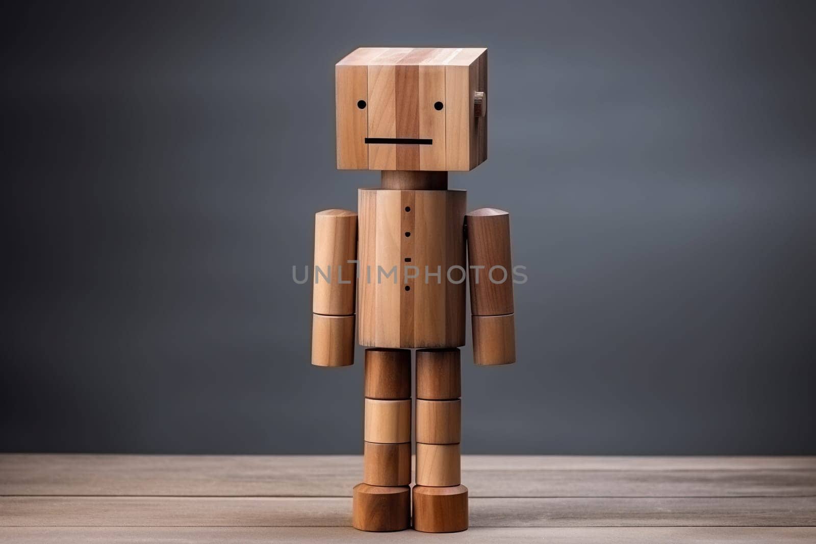 Sad and lonely wooden man on a wooden surface on a blurred background. The concept of loneliness, sadness, waiting. Generative AI by Vovmar