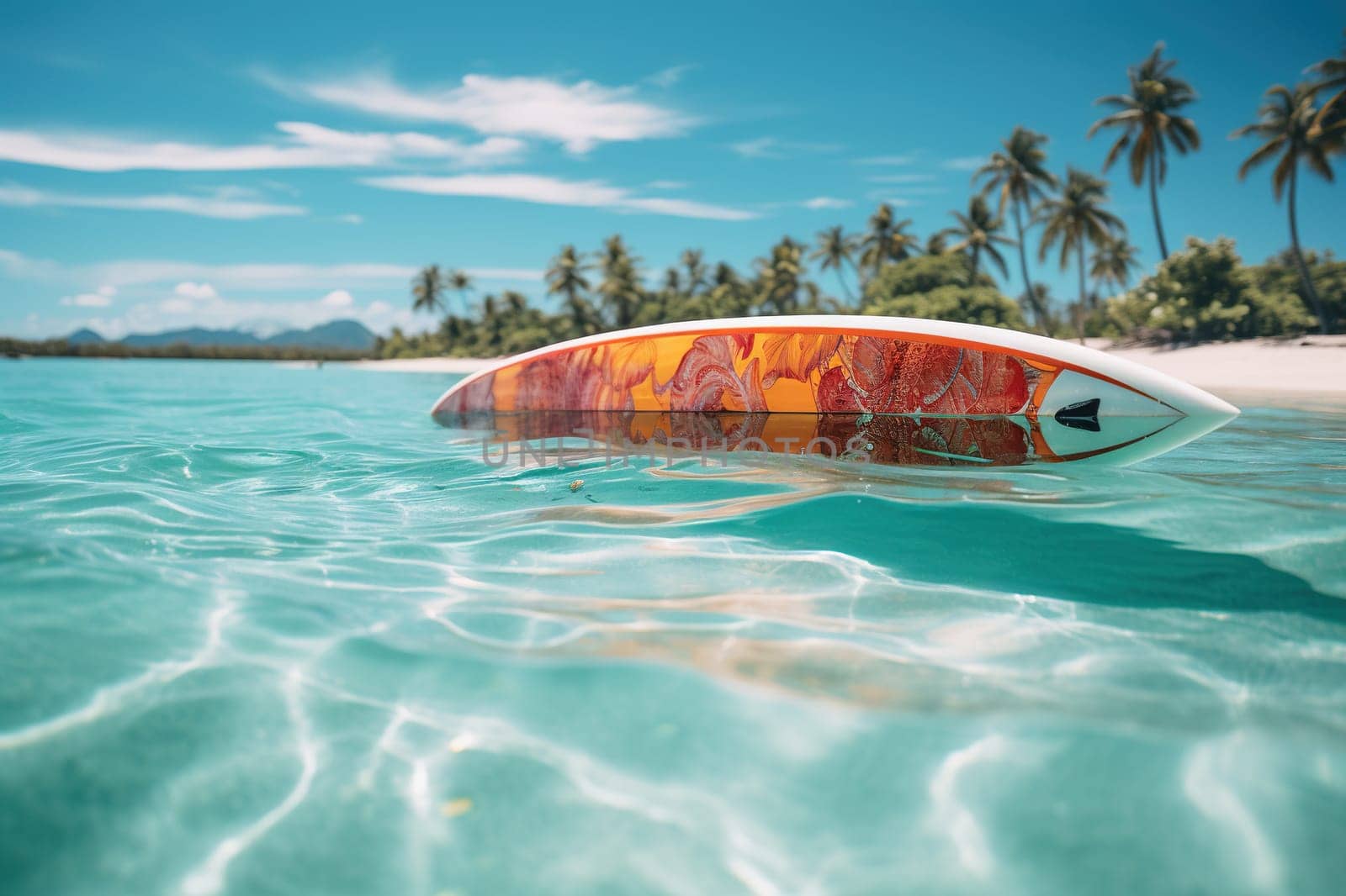Surfboard in crystal clear water next to the beach and palm trees. Water sports. Leisure.