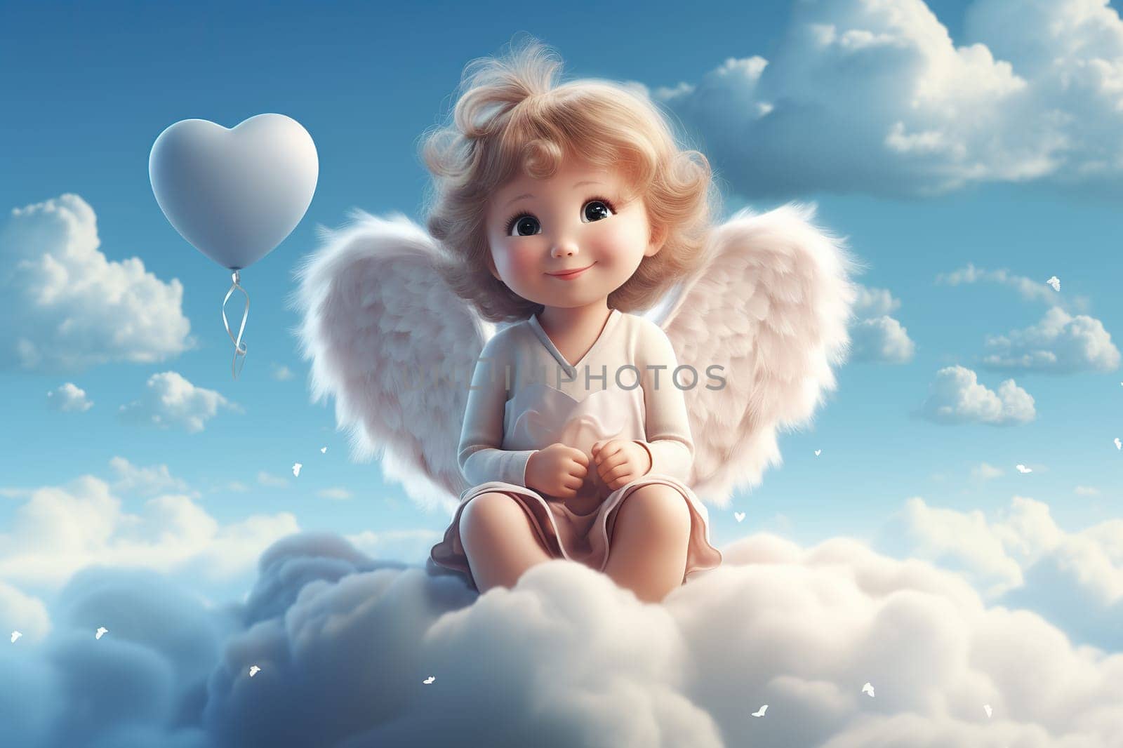 An angel with wings sits on a fluffy cloud with a heart-shaped balloon in a cartoon style.