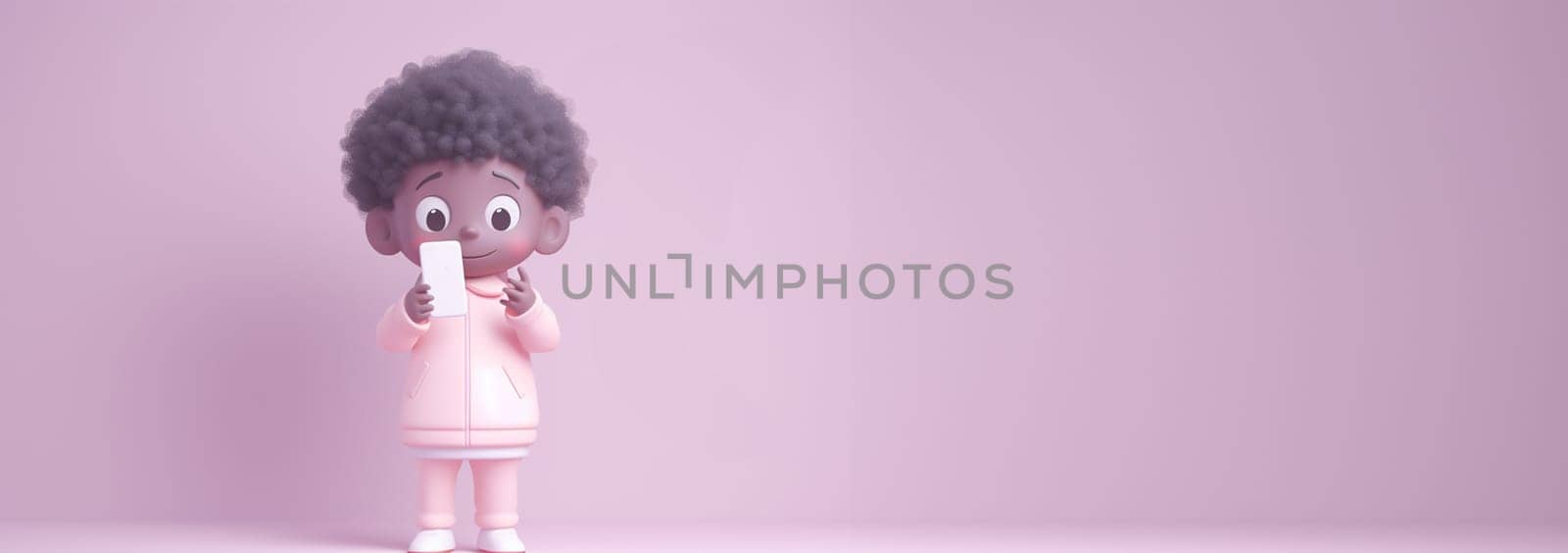 Happy cool African American teenage guy teen boy model wearing pink hoodie holding cell phone using mobile digital apps on cellphone pointing at smartphone isolated on light purple background. 3D animation pastel colored copy space Space for text