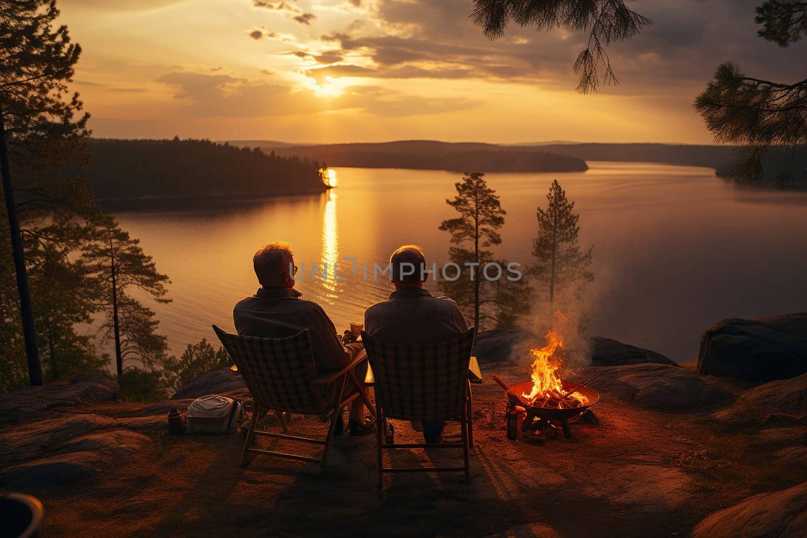 Two elderly men are sitting in armchairs on the shore of a pond near a fire. Old friends, camping.