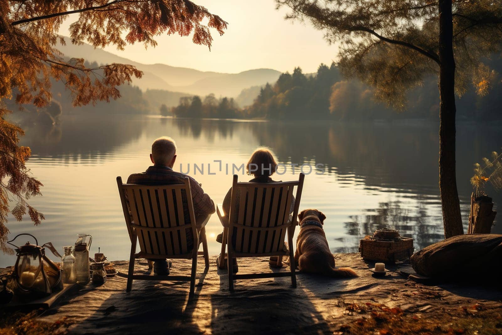 An elderly couple sits in armchairs on the shore of a lake with a dog. Camping, recreation.