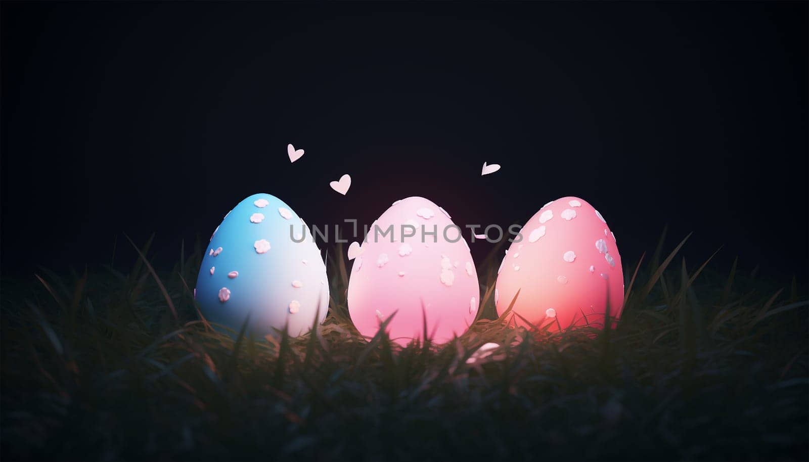 Happy Easter glowing retro neon eggs on dark background. Pastel colored 3D Easter eggs copy space illustration. Space for text