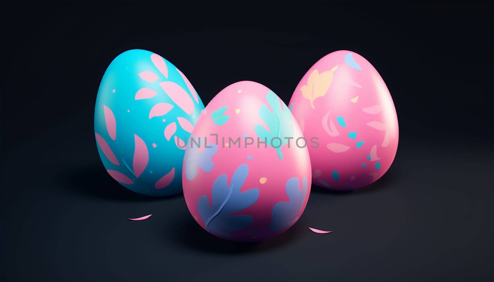 Happy Easter glowing retro neon eggs on dark background. Pastel colored 3D Easter eggs copy space illustration. by Annebel146