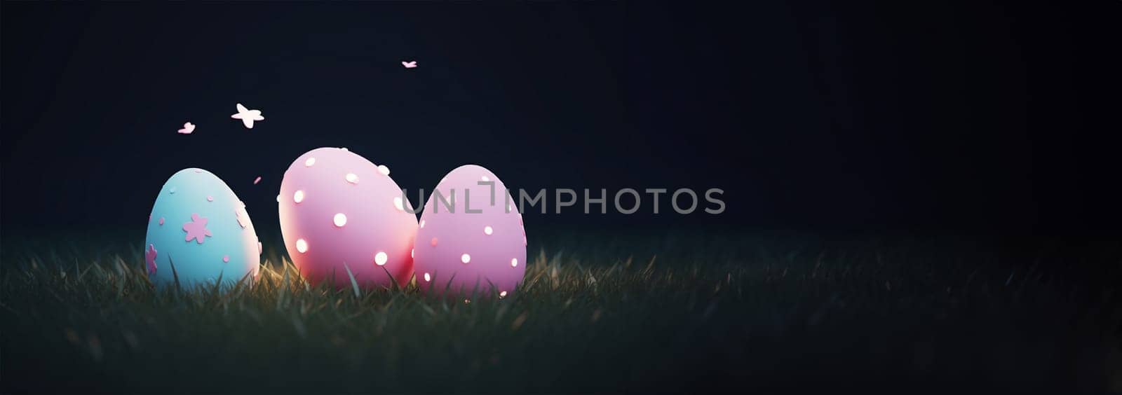 Happy Easter glowing retro neon eggs on dark background. Pastel colored 3D Easter eggs copy space illustration. by Annebel146